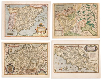 (ORTELIUS.) Group of 8 hand-colored double-page engraved regional maps by Abraham Ortelius. Antwerp,