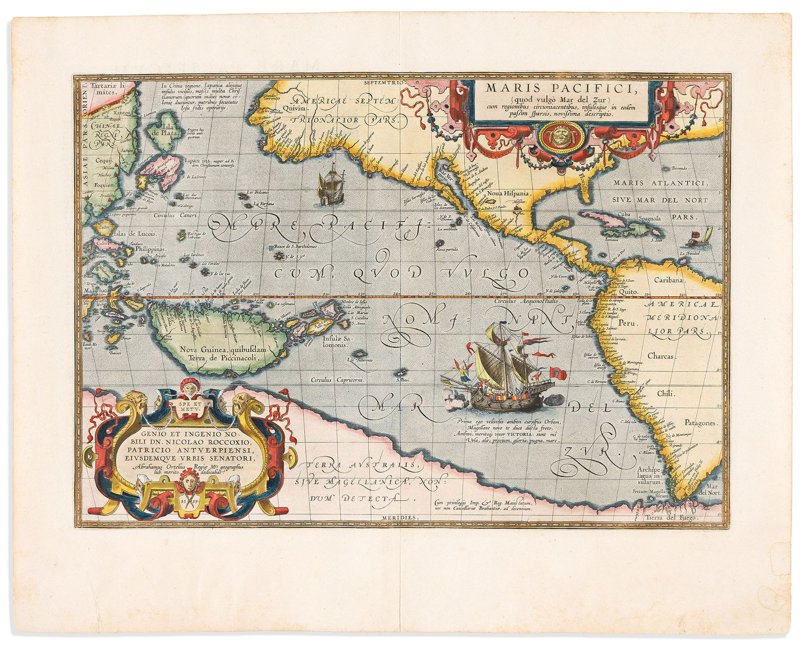 (PACIFIC OCEAN.) Abraham Ortelius. Maris Pacifici, quod vulgo Mar del Zur. Antwerp, 1592 (1 of 1)
