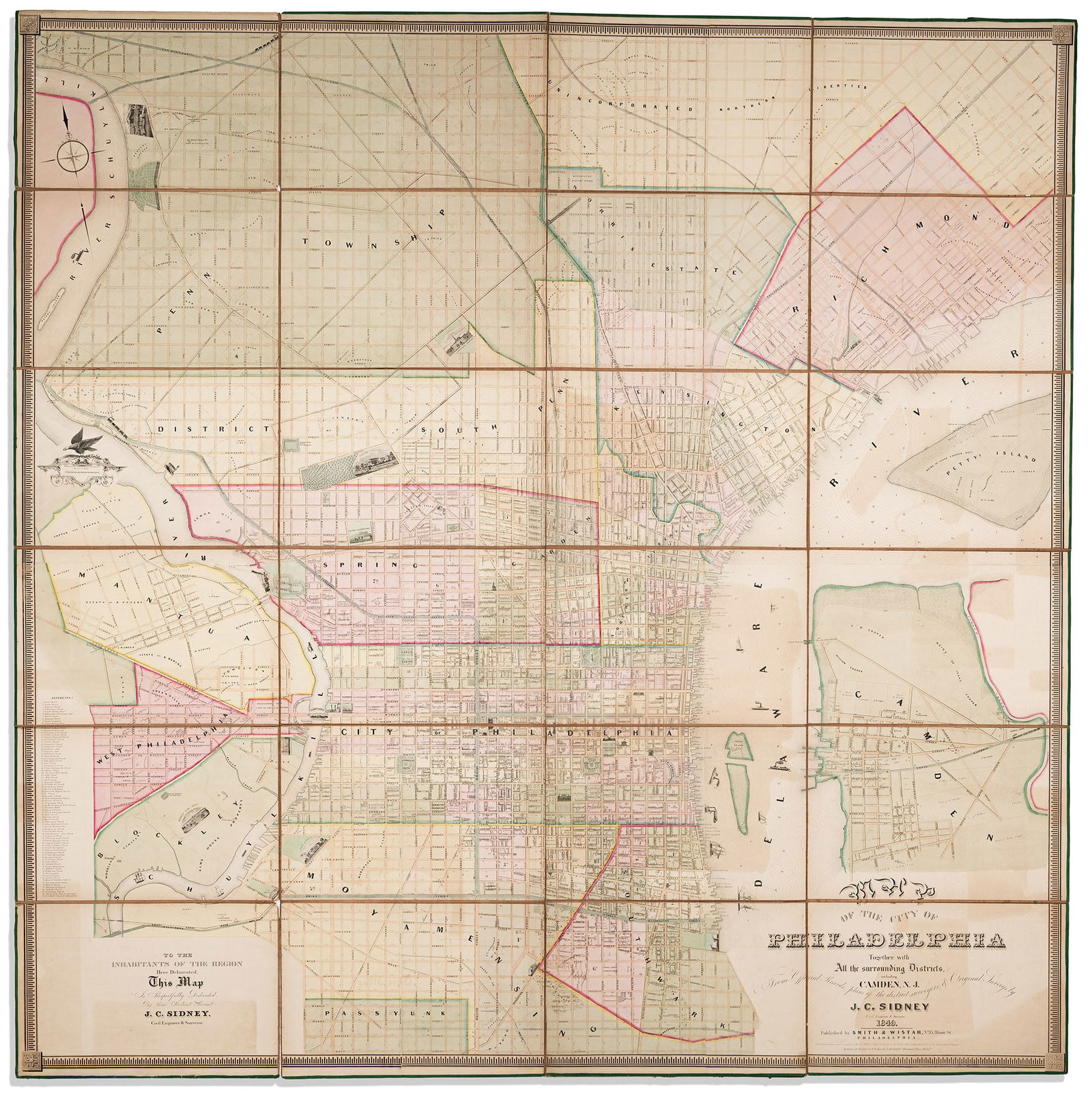 (PHILADELPHIA.) James Charles Sidney; and Robert Pearsall Smith. Map of the City of Philadelphia: James Charles Sidney; and Robert Pearsall Smith. Map of the City of Philadelphia Together with All the Surrounding Districts. Philadelphia: Smith & Wistar, 1849Enormous lithographed plan of Philly sca