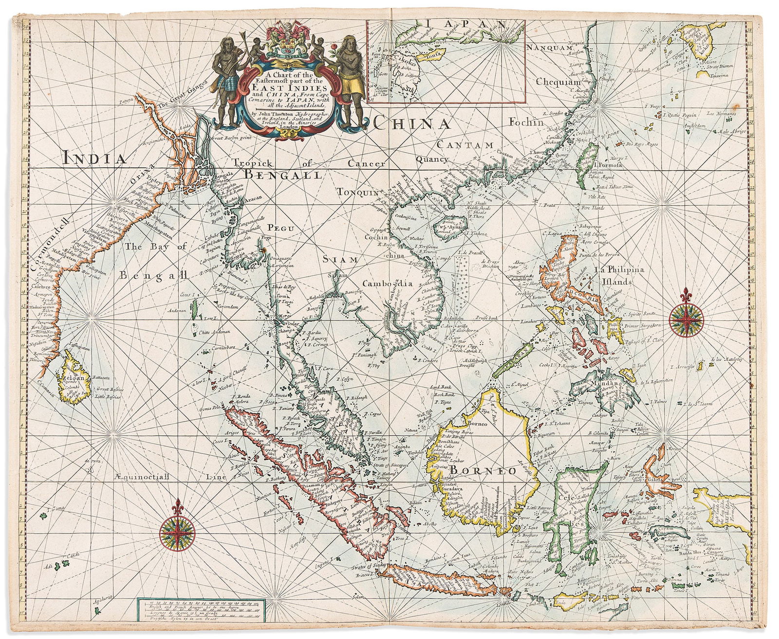(SOUTHEAST ASIA.) John Thornton. A Chart of the Easternmost Part of the East Indies and China...: (SOUTHEAST ASIA.)John Thornton. A Chart of the Easternmost Part of the East Indies and China, from Cape Comarine to Japan, with all the Adjacent Islands. London, circa 1703Double-page engraved marin