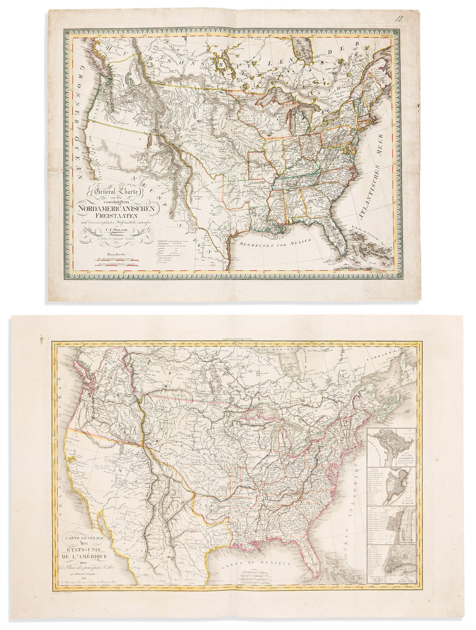 (UNITED STATES.) Group of 4 early-nineteenth-century engraved maps showing the United States within: (UNITED STATES.)Group of 4 early-nineteenth-century engraved maps showing the United States within the context of a coast-to-coast North American continent. Vp, vd- John Thomson. United States and Add