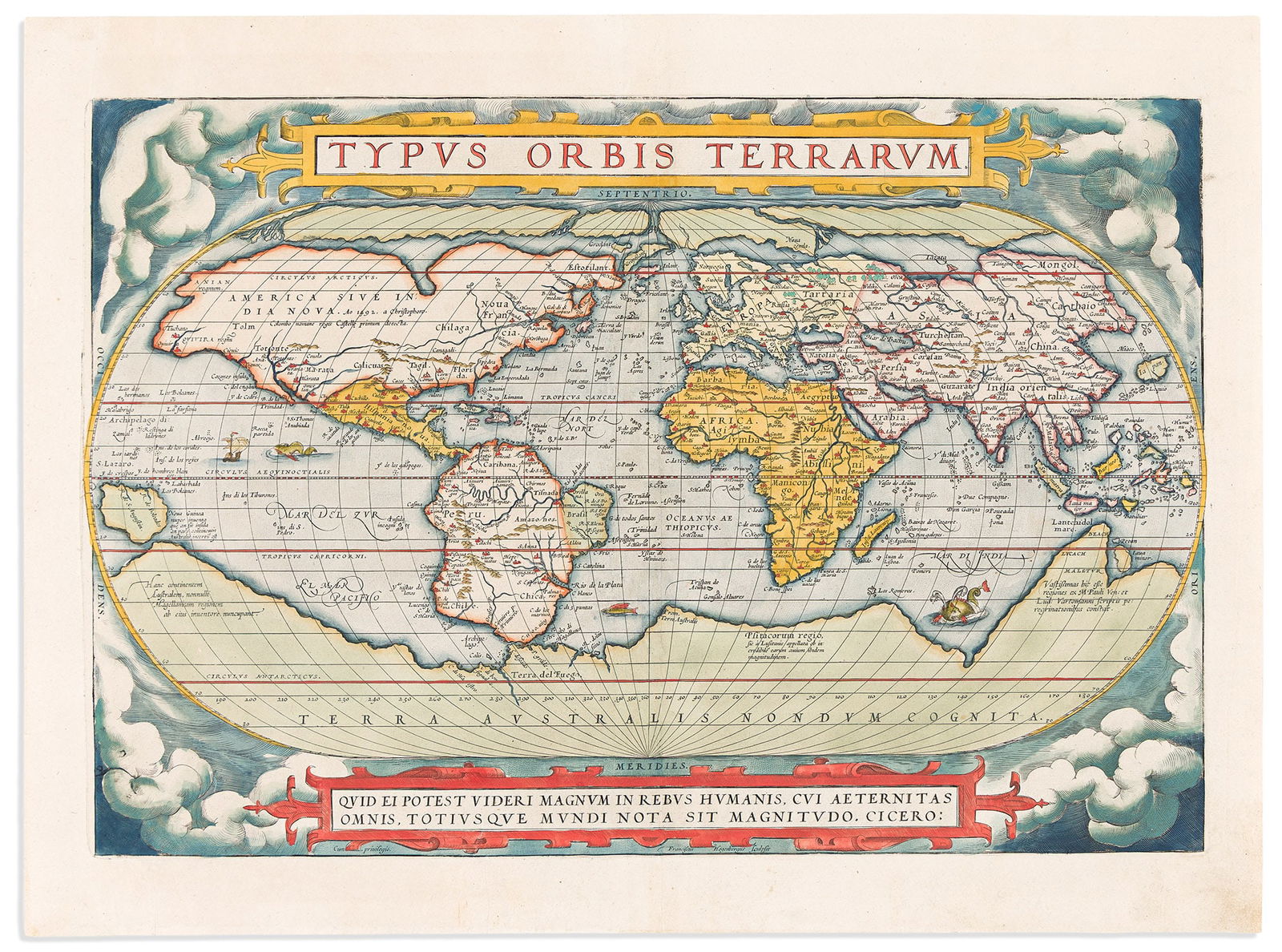 (WORLD.) Abraham Ortelius. Typus Orbis Terrarum. Antwerp, 1575 (1 of 1)