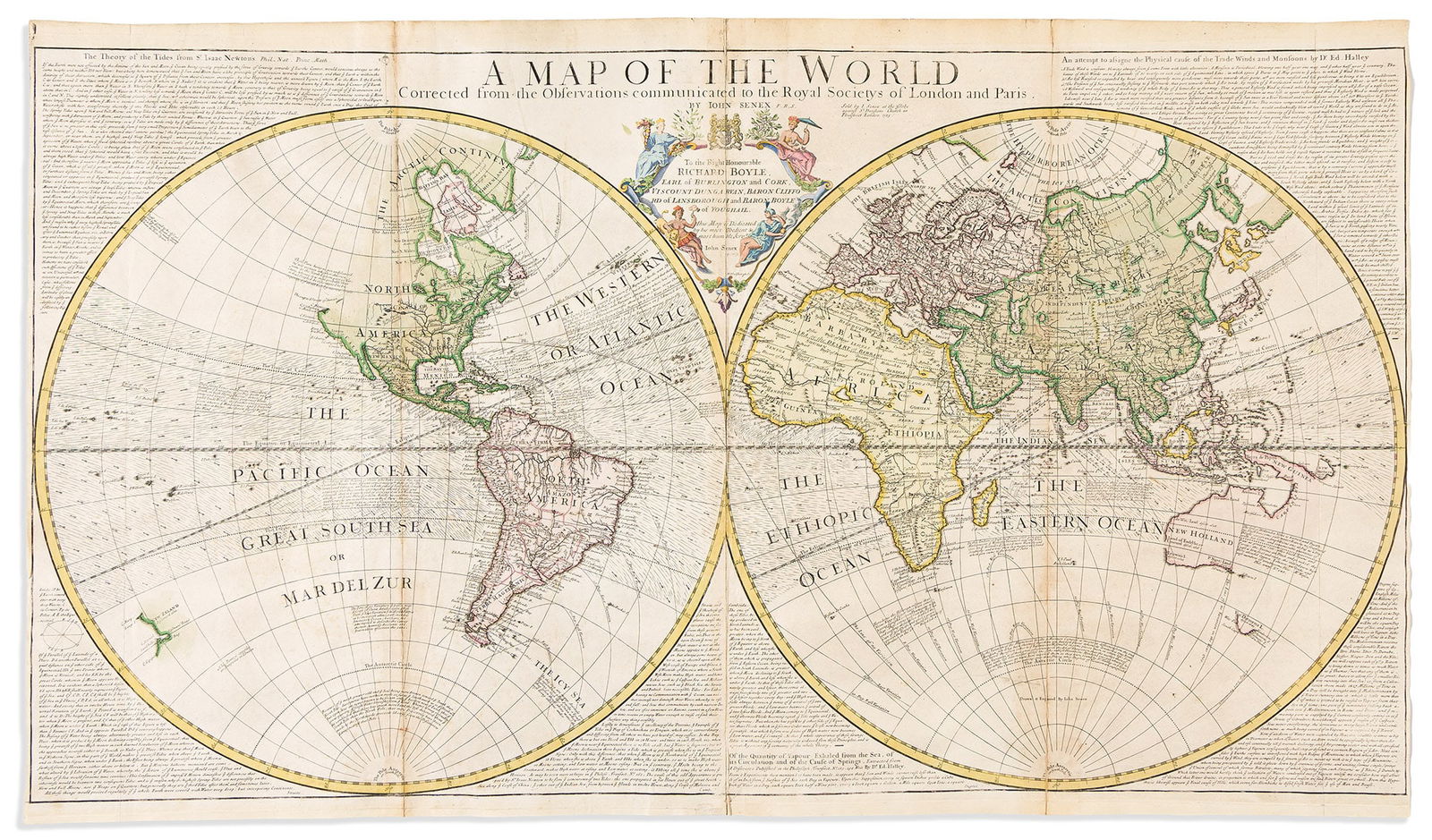 (WORLD.) John Senex. A Map of the World Corrected from the Observations Communicated to the Royal: (WORLD.)John Senex. A Map of the World Corrected from the Observations Communicated to the Royal Societys of London and Paris. London, 1725Large engraved double-hemispheric map of the world with abu