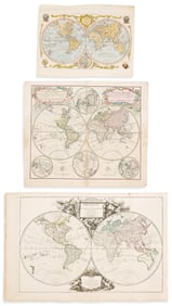 (WORLD.) Group of 3 eighteenth-century double-hemispheric world maps. Vp, vd