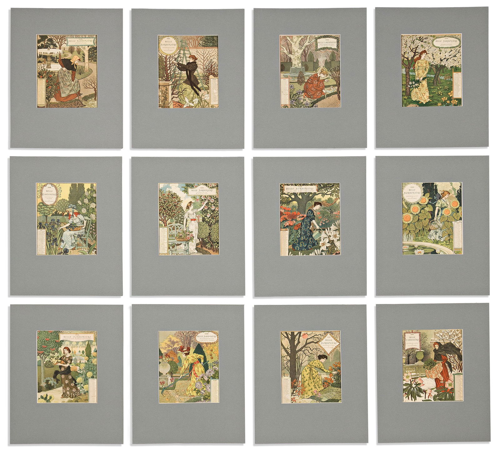 (ART NOUVEAU -- CALENDAR.) Eugene Grasset. 1896 Belle Jardiniere. Paris, 1895: (ART NOUVEAU -- CALENDAR.)Eugene Grasset. 1896 Belle Jardiniere. Paris, 189512 chromolithographed calendar sheets, seasonally illustrated. Approximately 7¼x6 inches each, margins trimmed to the