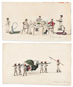 (EAST INDIA COMPANY.) Two nicely-drawn ink and gouache caricatures of British officers. India,