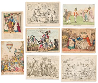 (SATIRE.) Group of 8 mostly hand-colored etched and engraved nineteenth-century British