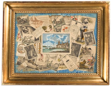 (TROMPE L'OEIL.) Hand-drawn "collage" of images mimicking printed maps, natural history engravings,