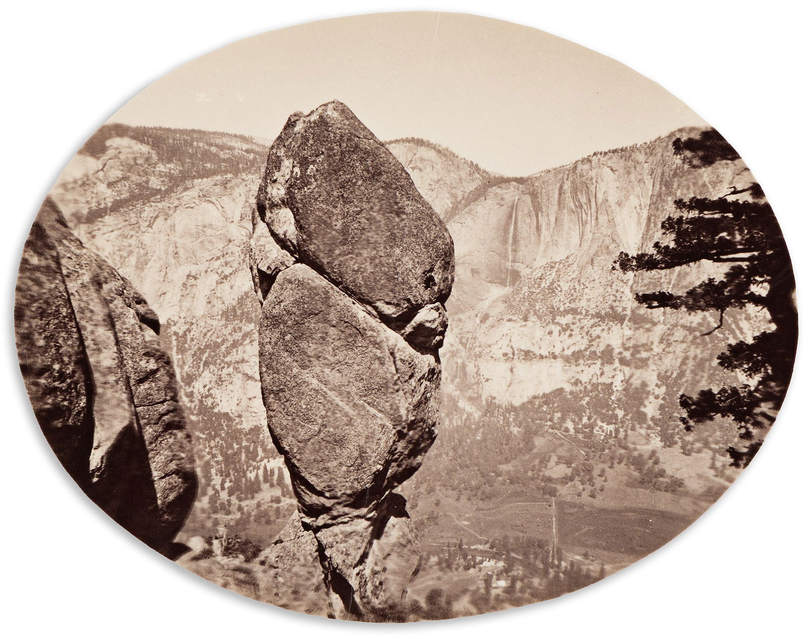 Carleton E. Watkins. Agassiz Column from Union Point, Yosemite. Circa 1878.: Carleton E. Watkins1829-1916Agassiz Column from Union Point, Yosemite. Circa 1878.Oval albumen printThe image 3 5/8 x 4 3/4 in. (9.2 x 12.1 cm.), the sheet 3 7/8 x 5 3/4 in. (9.8 x 14.6 cm.) Provenanc