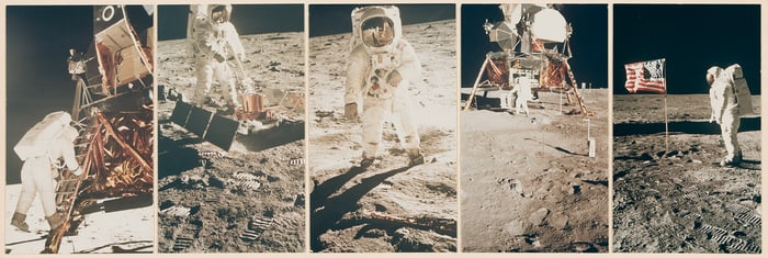A N.A.S.A. presentation piece featuring 5 iconic shots from Apollo 11's Moon landing. 1969.