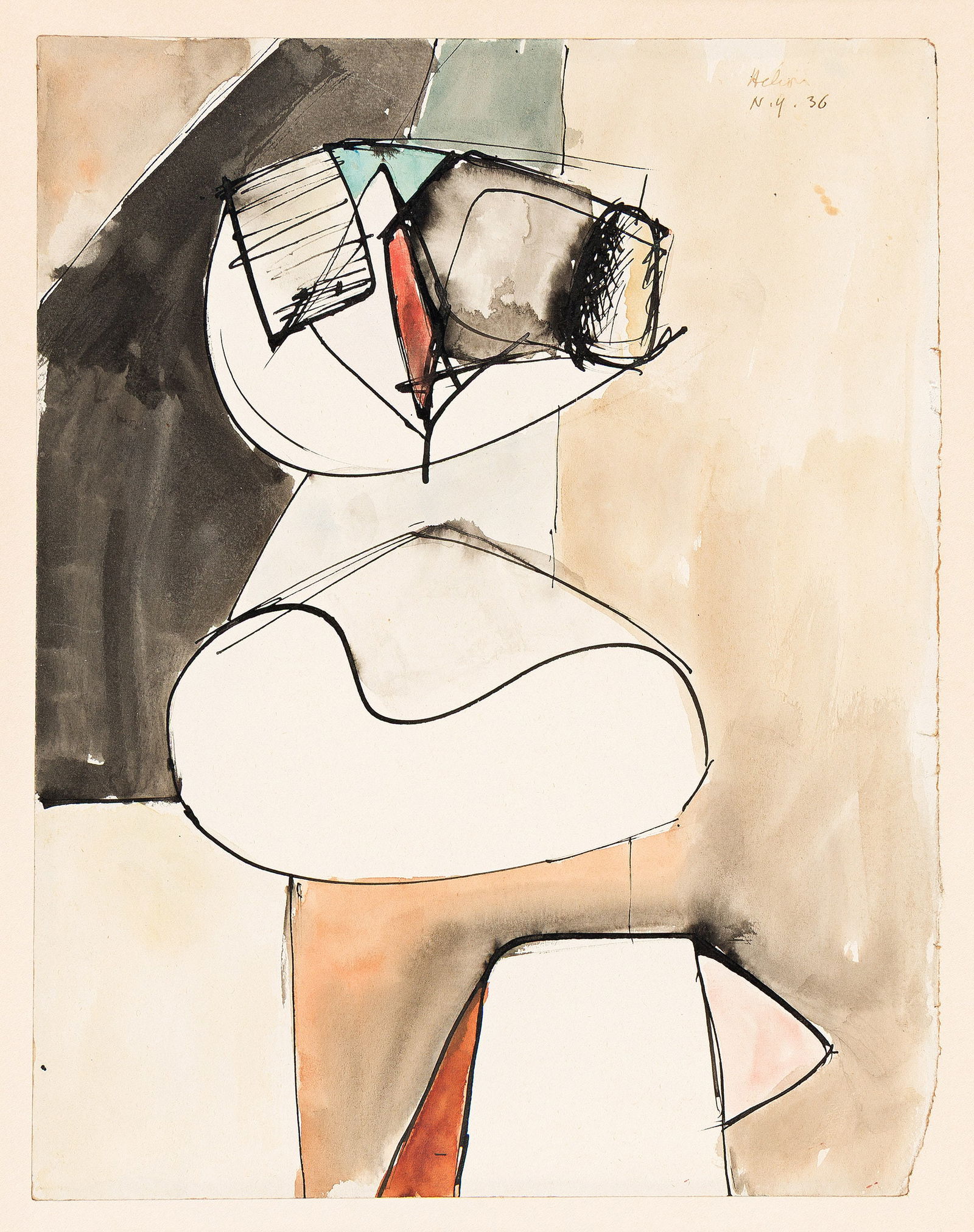 Jean Hélion, 1936.: Jean Hélion(1904-1987)Abstraction.Ink and watercolor on paper laid to illustration board, 1936.Signed and dated in ink at upper right.12 1/4 x 9 1/2 in. (31.1 x 24.1 cm.) Provenance:G