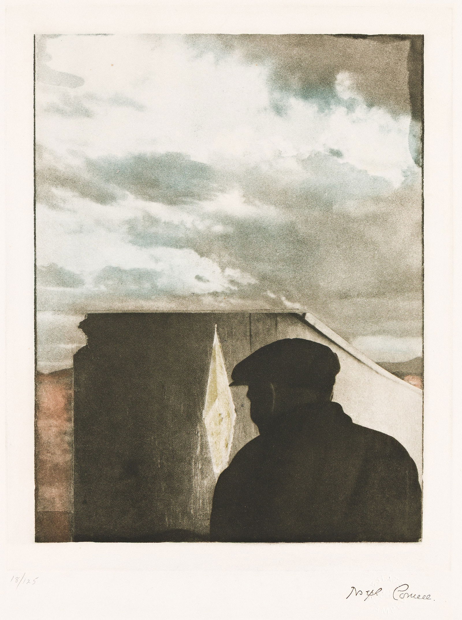 Joseph Cornell, Untitled (Landscape with Figure), 1972.: Joseph Cornell(1903-1972)Untitled (Landscape with Figure).Color photogravure, 1972.With the artist's signature ink stamp and estate blind stamp, lower right. Numbered 18/125 in pencil, lower left. Fro