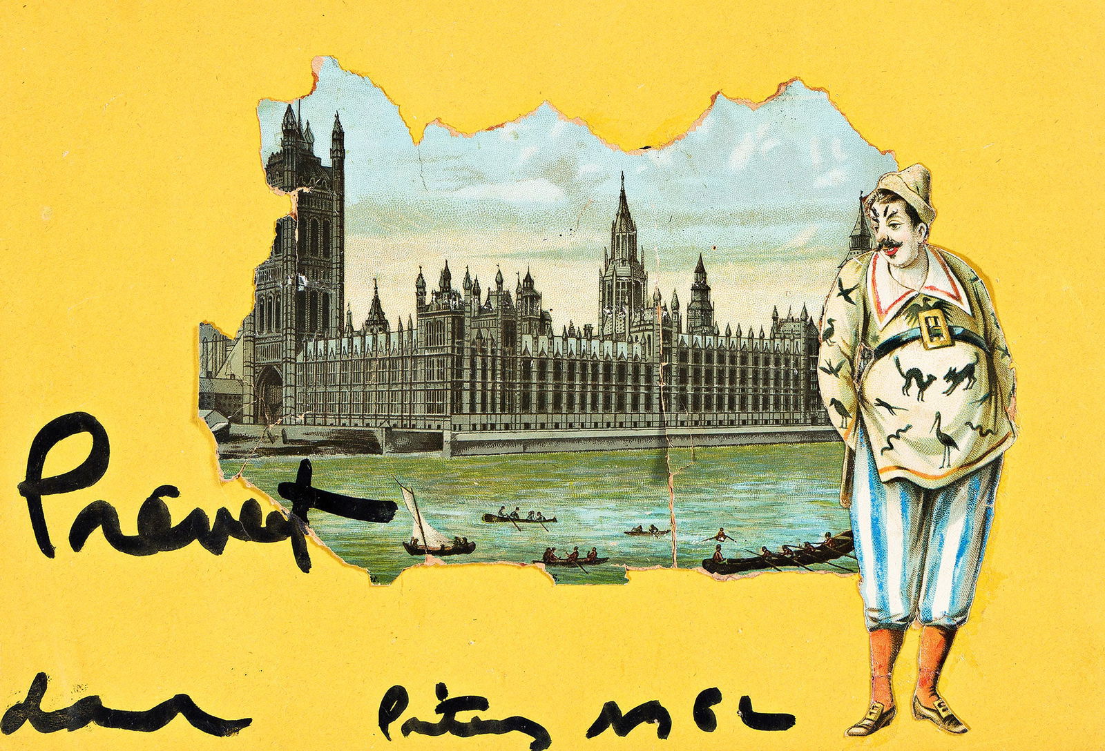 Jacques Prevert, Untitled, (Houses of Parliament), 1962.: Jacques Prevert(1900-1977)Untitled, (Houses of Parliament).Ink and mixed paper collage, 1962.Signed in ink at lower left center and dated at lower right.6 3/4 x 10 in. (17.1 x 25.4 cm.)