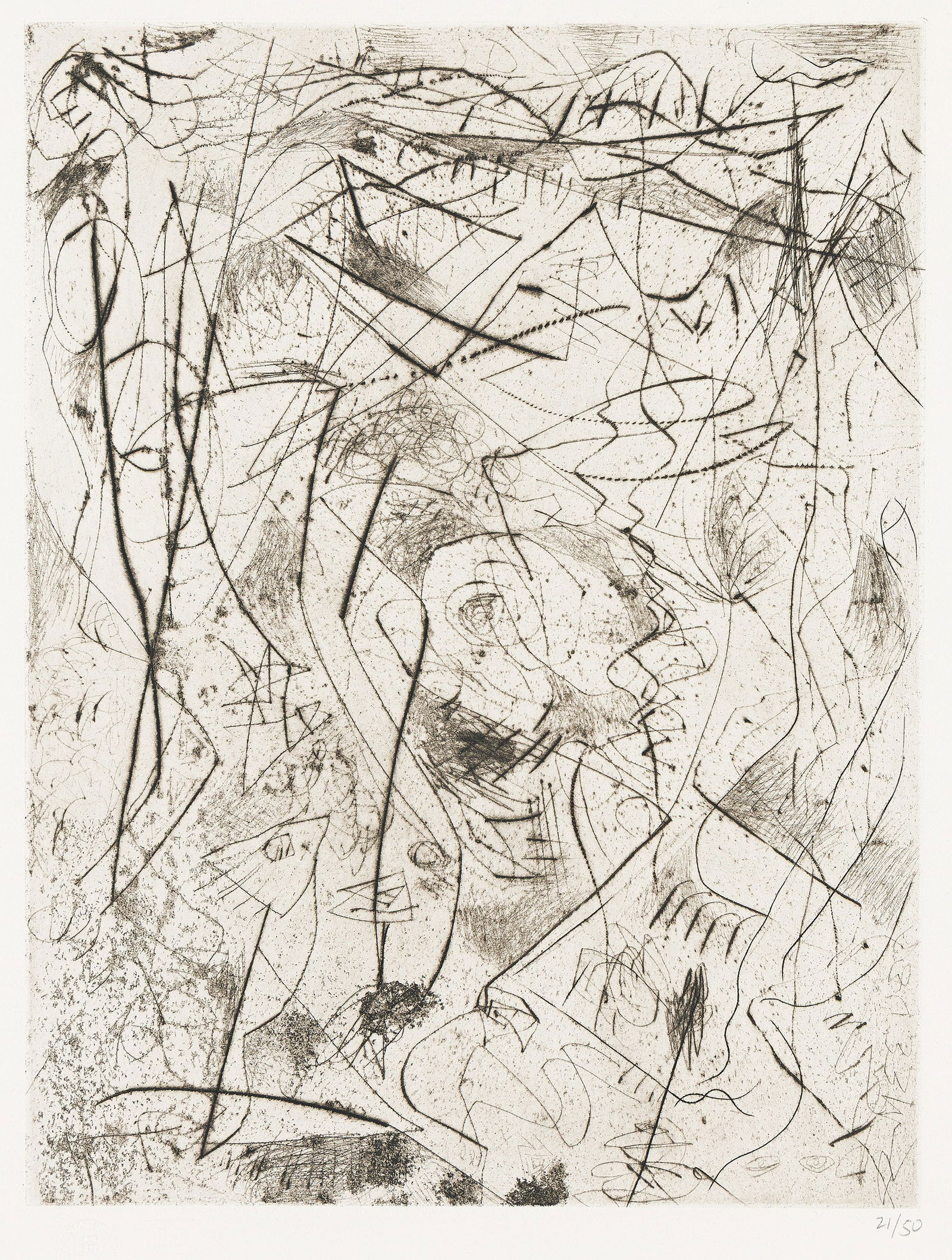 Jackson Pollock, Untitled, circa 1944-45.: Jackson Pollock(1912-1956)Untitled.Engraving and drypoint printed in brownish-black, circa 1944-45.Numbered 21/50 in pencil, lower right. Printed in 1967 by Emiliano Sorini, New York, with the blind s