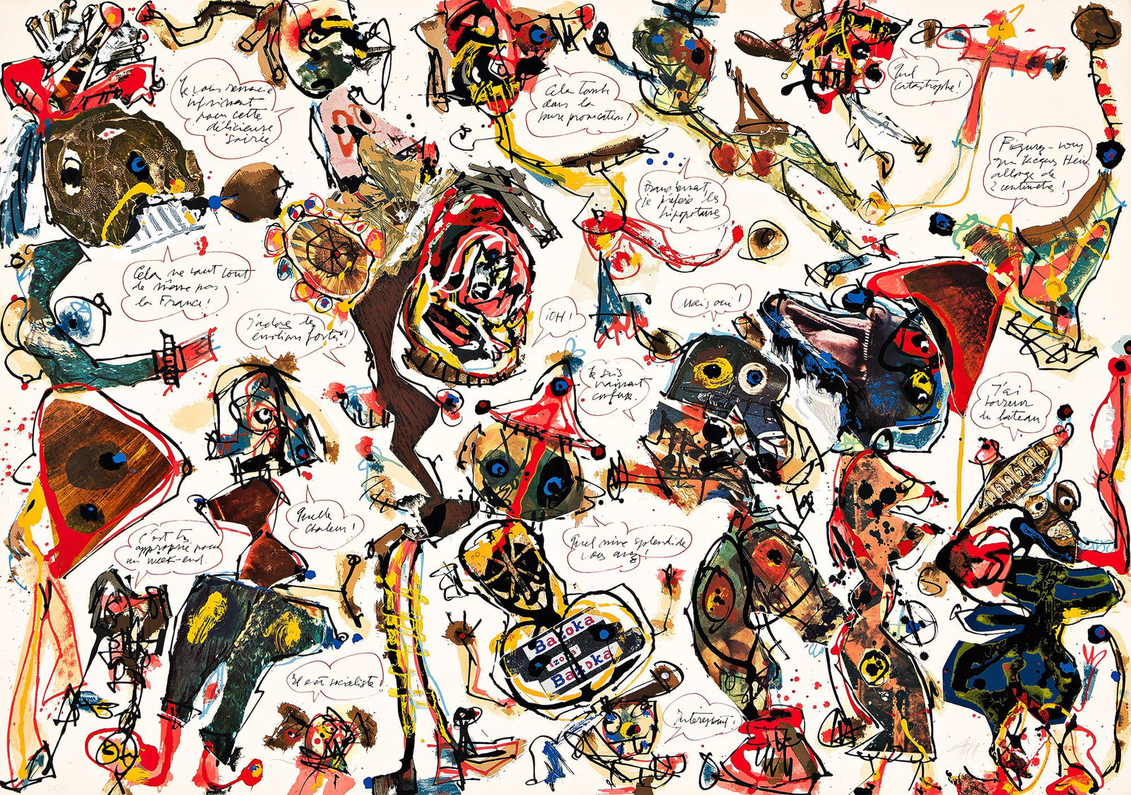 Antonio Saura, Cocktail Party, 1975.: Antonio Saura(1930-1998)Cocktail Party.Color screenprint with collage on Bristol paper, 1975.Signed and numbered 27/100 in pencil, lower margin. Printed by Serigrafía Gimenez, Valencia. Published