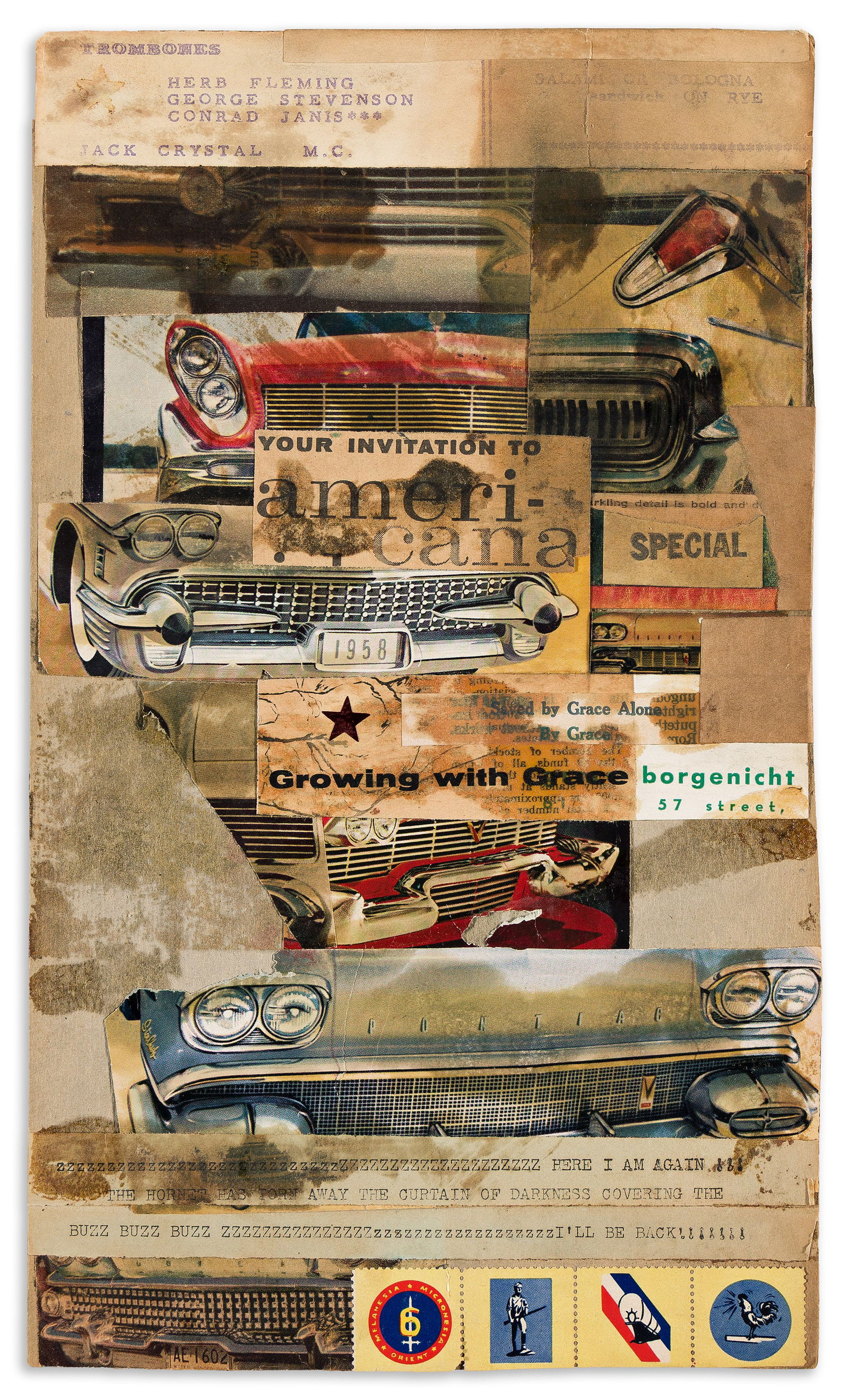 Stanton Kreider, Untitled, (Seven Mail Art Items with Two Envelopes), 1958.: Stanton Kreider(b. 1923)Untitled, (Seven Mail Art Items with Two Envelopes).Watercolor and collage on card, 1958.Initialed in ink on both envelopes. The largest collage is inscribed in pencil and stam