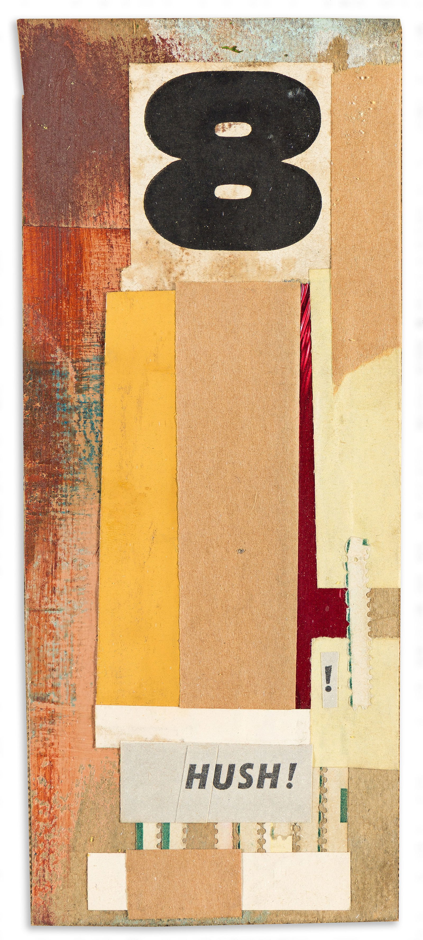 Stanton Kreider, Mail Art, (HUSH!)1959.: Stanton Kreider(b. 1923)Mail Art, (HUSH!).Mixed paper collage on card, 1959.6 3/4 x 2 3/4 in. (17.1 x 7 cm.)Frame: 9 3/4 x 6 3/4 in. (24.8 x 17.1 cm.) Provenance:Private collection, New Yo