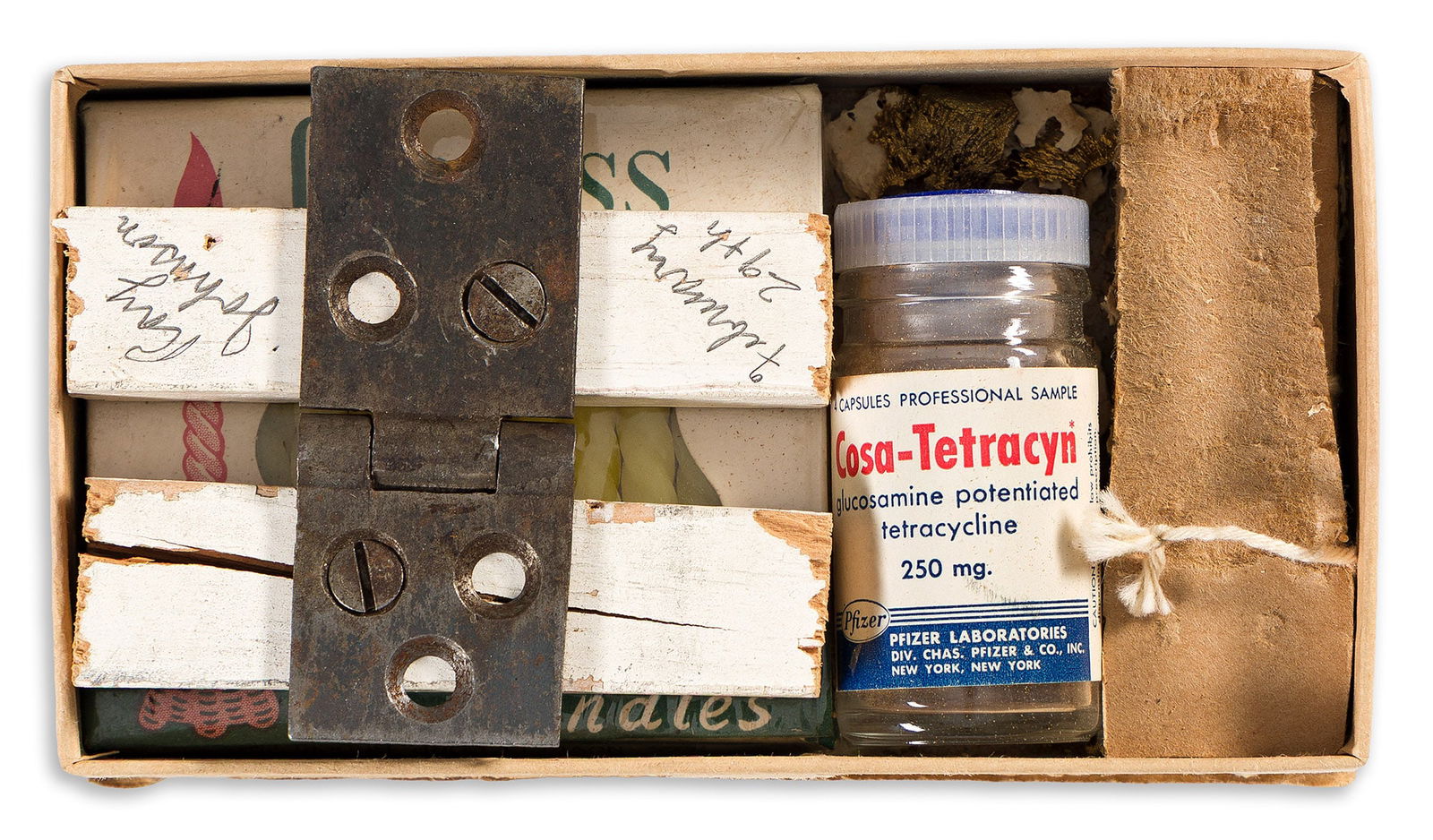 Ray Johnson, Untitled, (Mail Art), 1960.: Ray Johnson(1927-1995)Untitled, (Mail Art).Mixed media assemblage in cardboard box, 1960.Signed and dated "February 29th," in ink, interior. Inscribed to addressee and return address in ink, exterior.