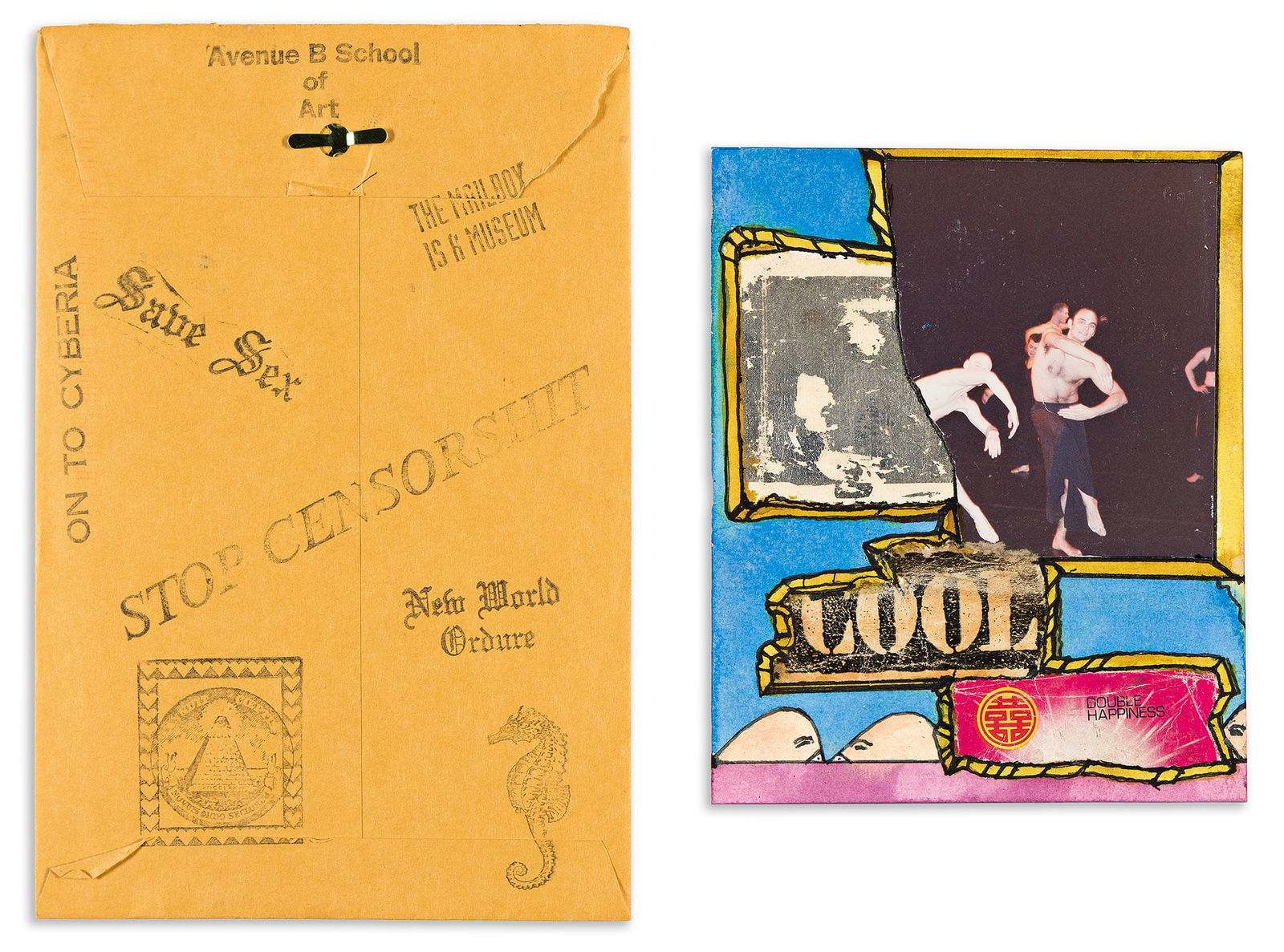 John Evans, Mail Art, (Two envelopes of three works), 1985-1996.: John Evans(b. 1932)Mail Art, (Two envelopes of three works).Mixed media collage, 1985-1996.i) Inscribed, dated and initialed in ink, verso.ii) Stamped "Avenue B School of Art," and "Apr 11, 1985" at t