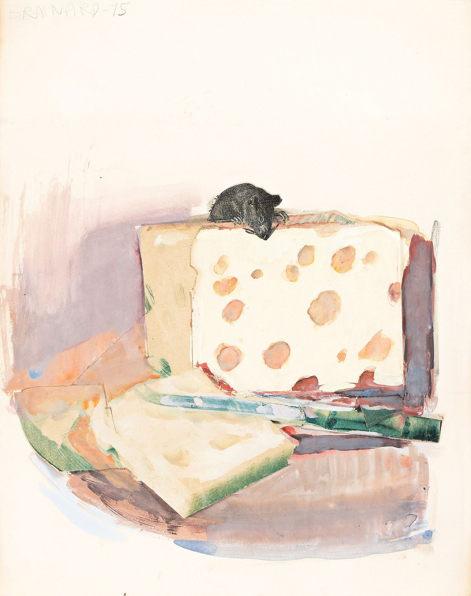 Joe Brainard, Mouse and Cheese, 1975.: Joe Brainard(1942-1994)Mouse and Cheese.Watercolor and collage on paper, 1975.Signed and dated in pencil at upper left.14 x 11 in. (35.6 x 27.9 cm.) Provenance:The artist.Fischbach G