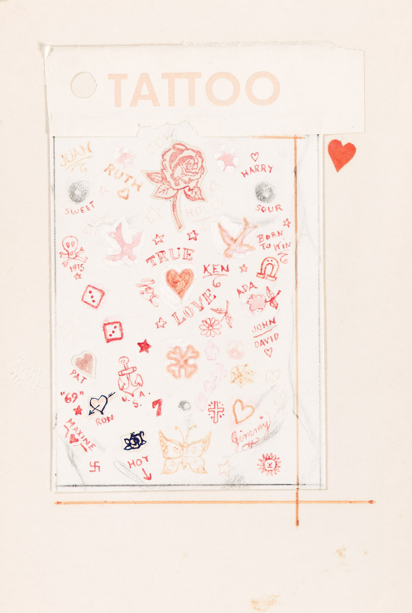 Joe Brainard, Tattoo.: Joe Brainard(1942-1994)Tattoo.Mixed media with collage on card.6 x 4 in. (15.2 x 10.2 cm.) Provenance:The artist.Fischbach Gallery, New York.Private collection.