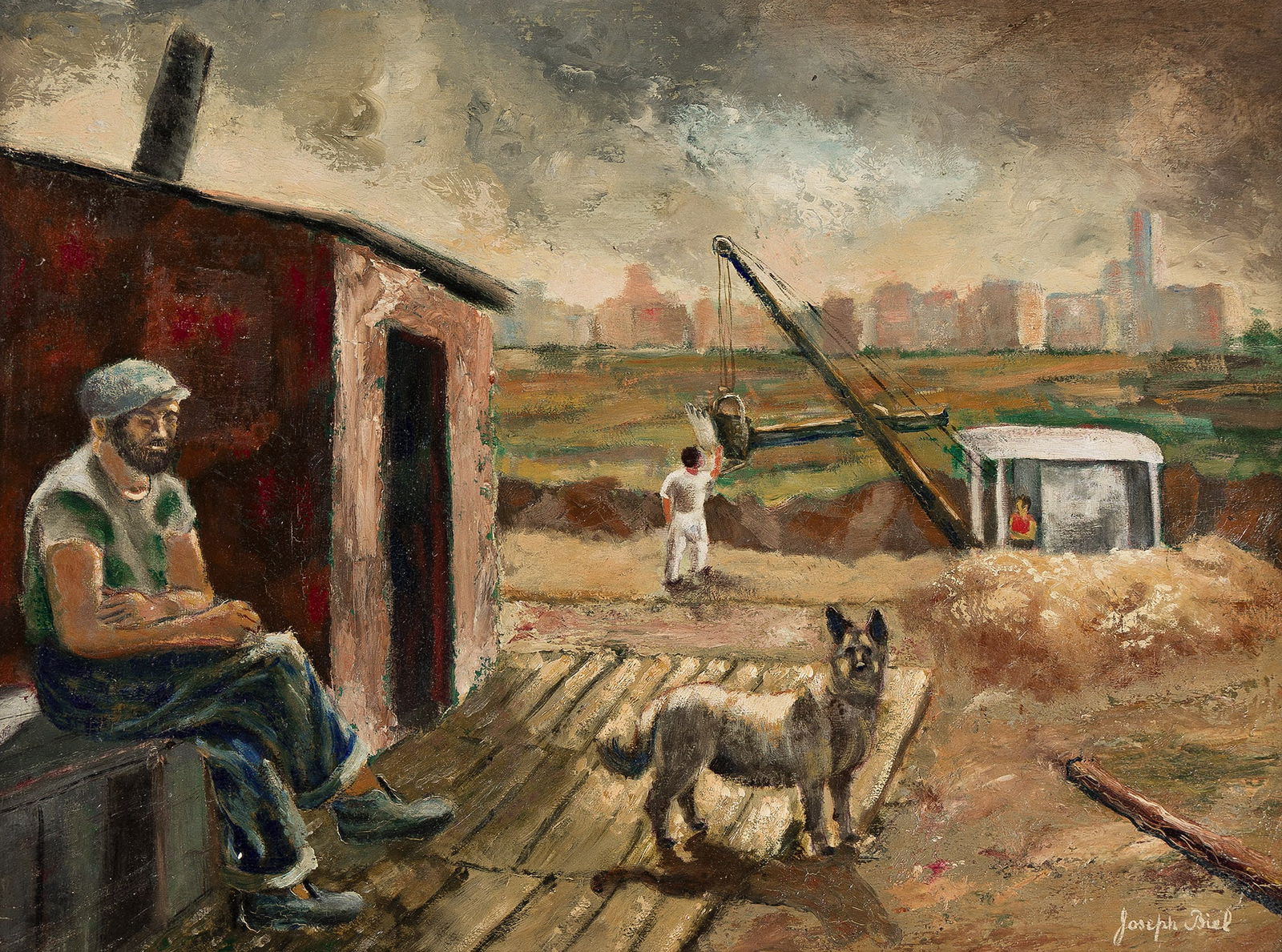 Joseph Biel, The Watchman.: Joseph Biel(1891-1943)The Watchman.Oil on masonite.Signed in oil at lower right. Inscribed as titled in pencil, verso.18 x 24 in. (45.7 x 61 cm.)Frame: 21 1/4 x 27 1/4 in. (54 x 69.2 cm.)