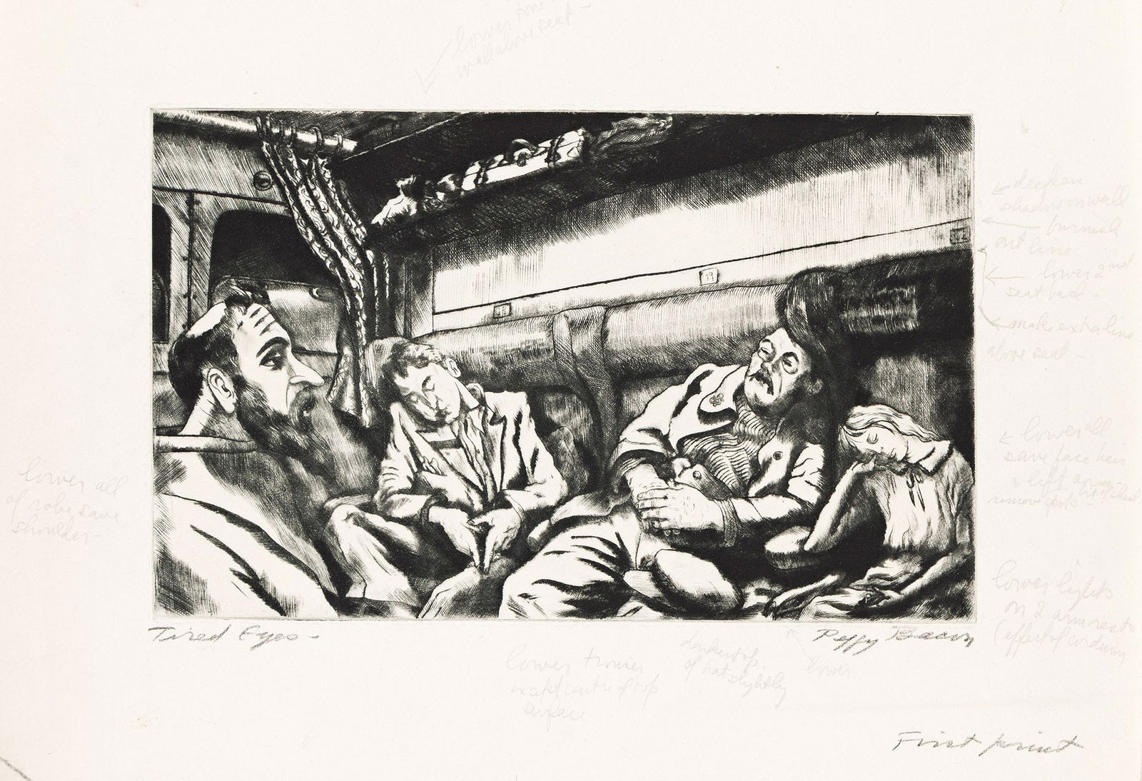 Peggy Bacon, Tired Eyes, 1935.: Peggy Bacon(1895-1987)Tired Eyes.Drypoint, 1935.Artist's proof, aside from the edition of approximately 35. Signed, titled and inscribed "First print" in pencil, lower margin. With printer's notes ins