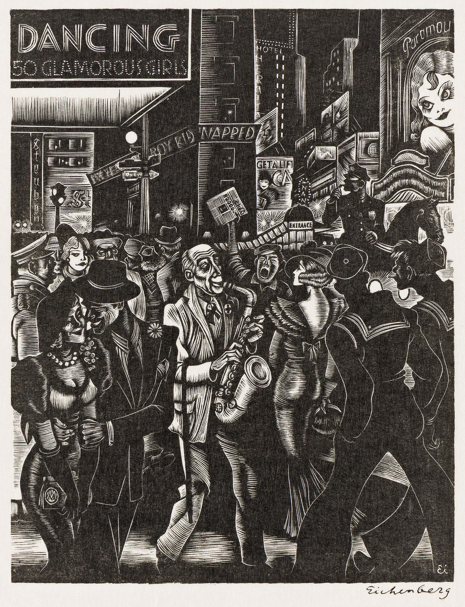 Fritz Eichenberg, City Lights, 1934.: Fritz Eichenberg(1901-1990)City Lights.Wood engraving on Japan paper, 1934.Edition of 200. Signed in ink, lower right. Printed by Ernest Roth, New York.Image: 6 1/8 x 4 3/4 in. (15.7 x 12.1 cm.), wide