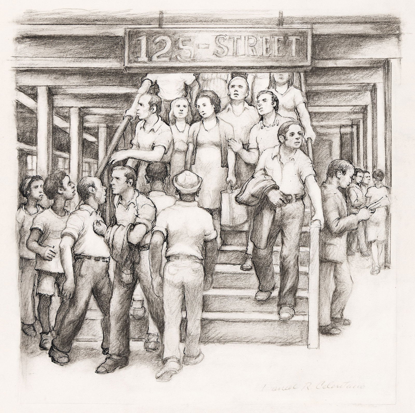 Daniel Ralph Celentano, 125th Street, circa 1940.: Daniel Ralph Celentano(1902-1980)125th Street.Pencil and ink on paper, circa 1940.Signed in pencil at lower right.Image: 9 1/4 x 9 in. (23.5 x 22.9 cm.), Sheet: 11 3/4 x 12 in. (29.8 x 30.5 cm.)