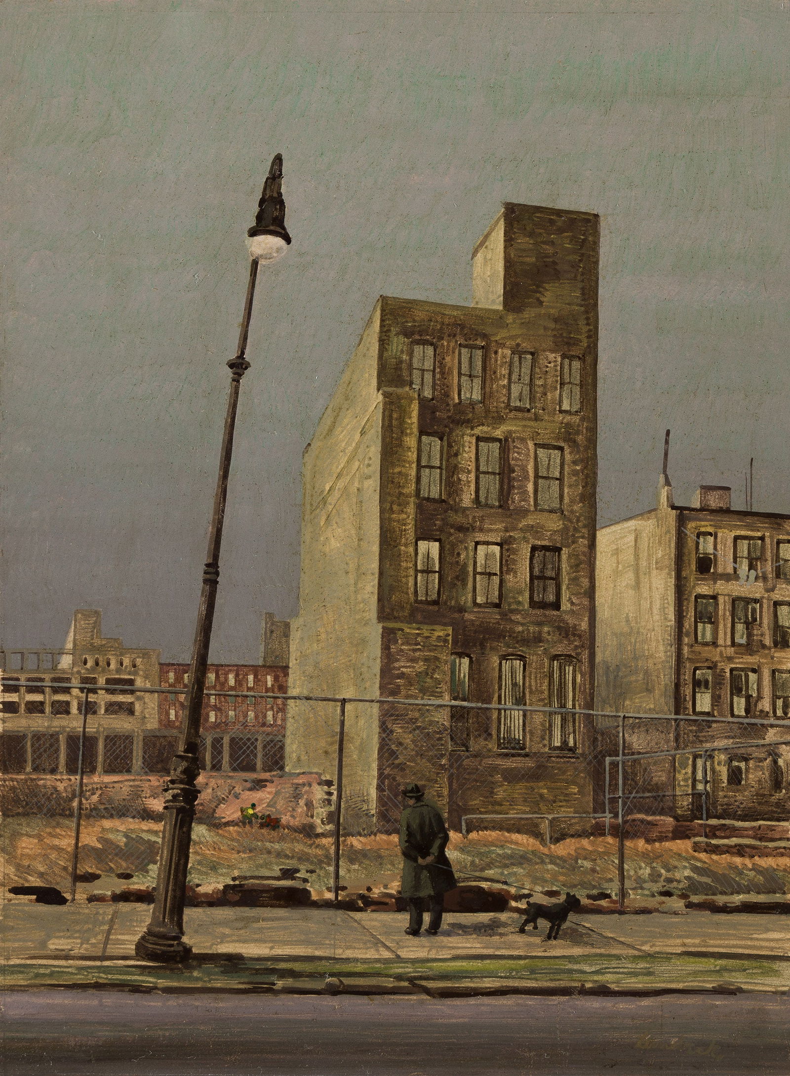 Armin Landeck, West 41st Street, NY, circa 1940.: Armin Landeck(1905-1984)West 41st Street, NY.Oil on paper, circa 1940.Signed in oil at lower right.14 1/4 x 10 3/4 in. (36.2 x 27.3 cm.)Frame: 23 1/4 x 19 in. (59.1 x 48.3 cm.) Provenance: