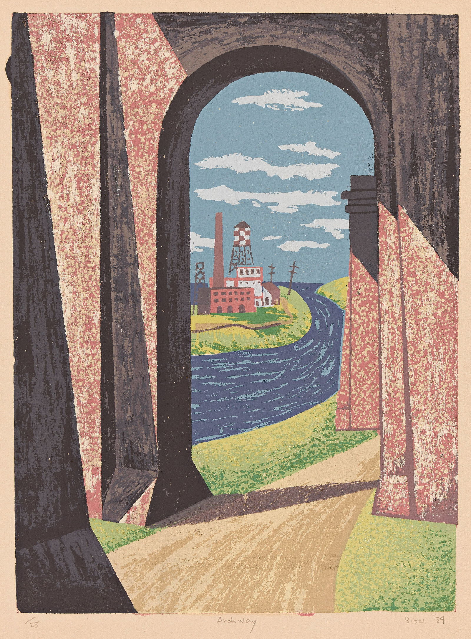 Leon Bibel, Archway, 1939.: Leon Bibel(1913-1995)Archway.Color screenprint on tan wove paper, 1939.Edition of 25. Signed, titled, dated and numbered "/25" in pencil, lower margin.Image: 13 5/8 x 10 1/8 in. (34.5 x 25.5 cm.), wid