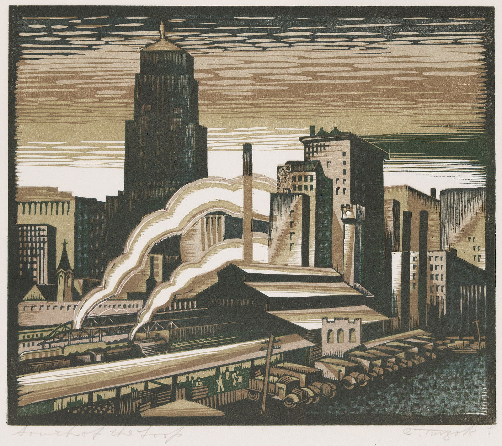 Charles Turzak, South of the Loop, circa 1934.: Charles Turzak(1899-1986)South of the Loop.Color woodcut on Japan paper, circa 1934.Signed and titled in pencil, lower margin.Image: 9 1/4 x 10 3/4 in. (23.4 x 27.3 cm.), wide margins.