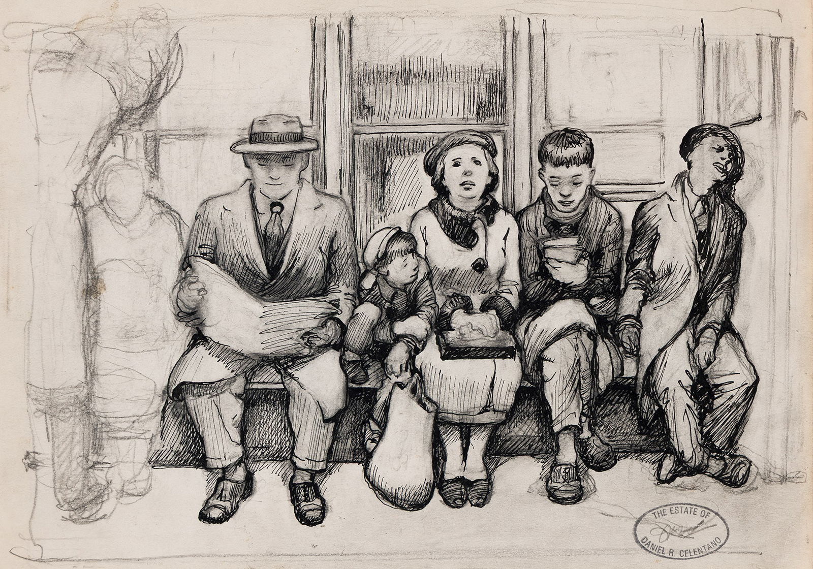 Daniel Ralph Celentano, Two drawings of New York Scenes, circa 1935.: Daniel Ralph Celentano(1902-1980)Two drawings of New York Scenes.Pen and ink and pencil on thin cream wove paper, circa 1935.i) Untitled (Subway Scene). With a portrait study in pencil, verso.ii)