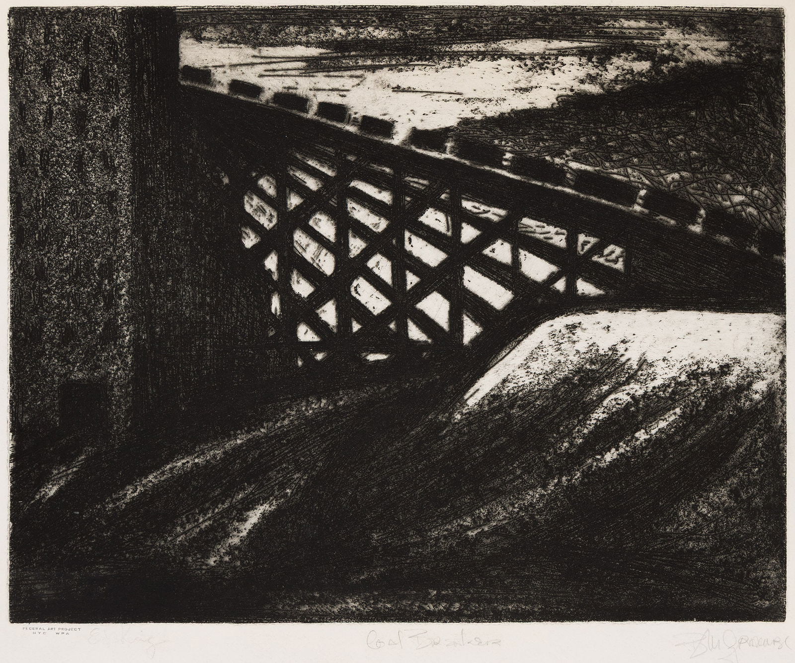 Blanche Grambs, Coal Breaker, circa 1936.: Blanche Grambs(1916-2010)Coal Breaker.Etching and aquatint, circa 1936.Signed, titled and inscribed "Etching" in pencil, lower margin. Published by the Federal Art Project, WPA, New York, with the ink