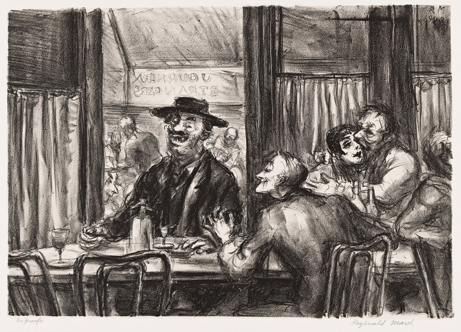 Reginald Marsh, Café du Dôme, 1928.: Reginald Marsh(1898-1954)Café du Dôme.Lithograph on chine collé, 1928.Edition of 30. Signed and inscribed "30 proofs" in pencil, lower margin. Sasowsky 2.Image: 8 1/2 x 12 1/8 in. (21.6 x 30.8 cm.)