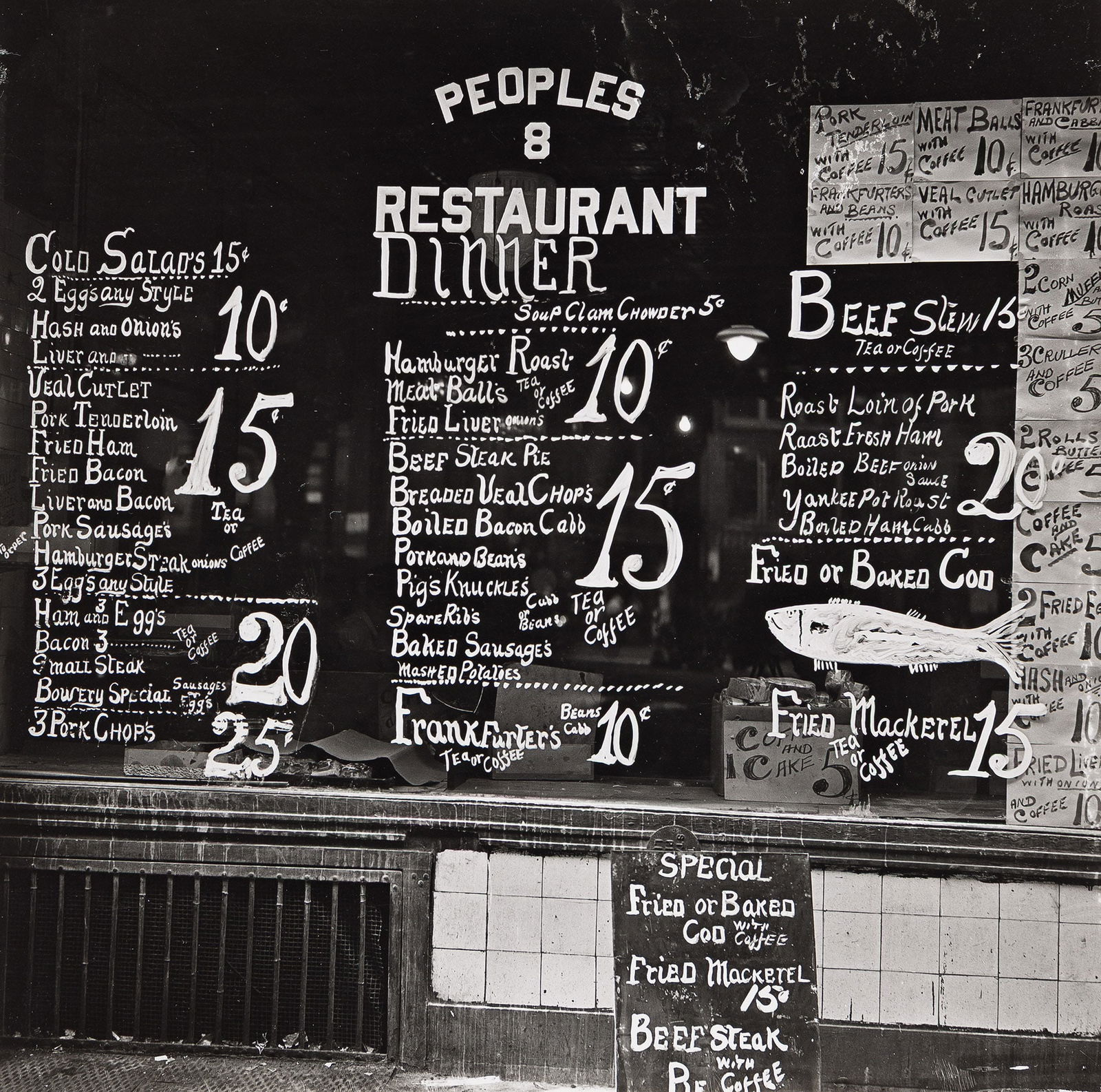 Walker Evans, Lunchroom Window on the Bowery, People's Restaurant, New York City, 1933-34; printed: Walker Evans(1903-1975)Lunchroom Window on the Bowery, People's Restaurant, New York City. 1933-34; printed circa 1970.Silver print.With Evans' copyright "Photograph by Walker Evans" stamp and his Old