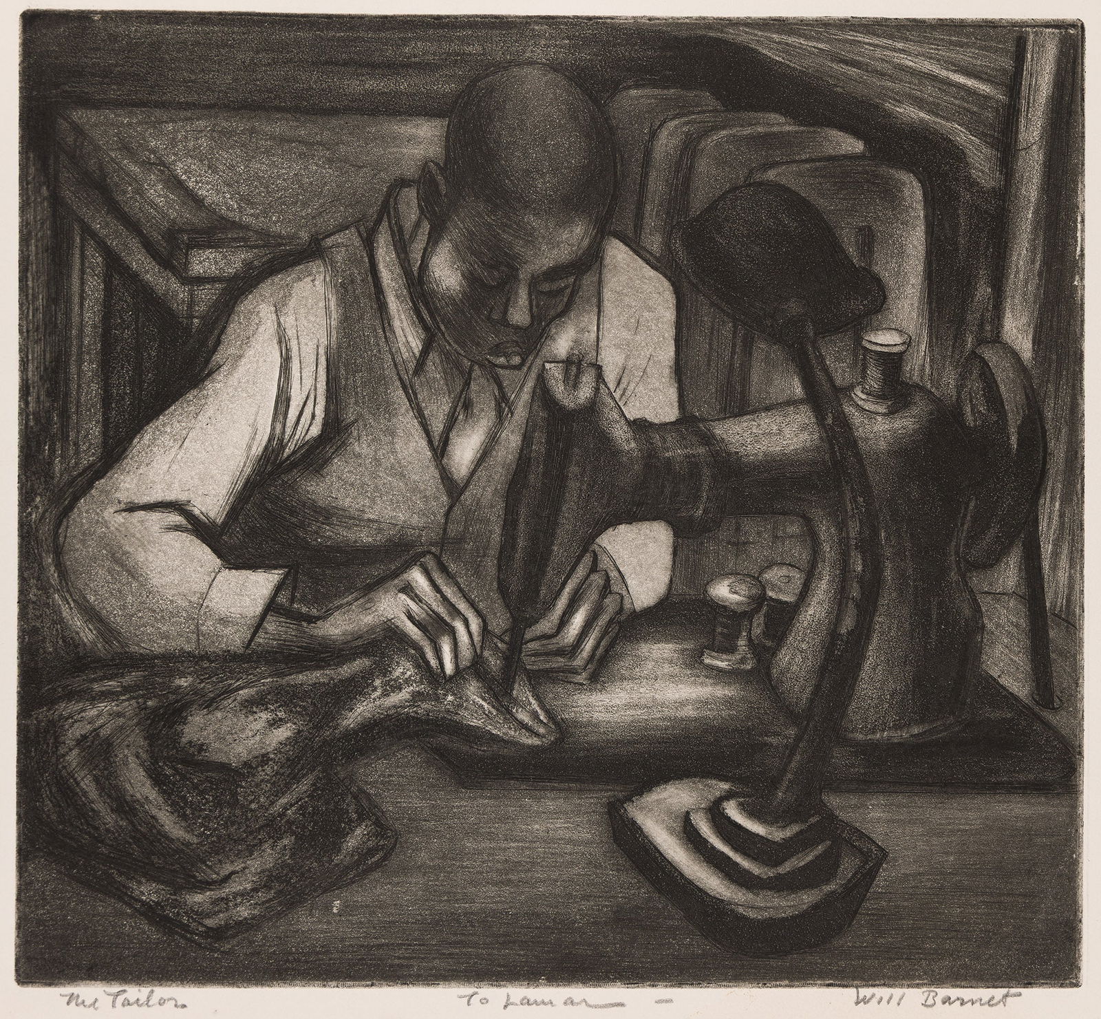 Will Barnet, Swing Shift, 1937.: Will Barnet(1911-2012)Swing Shift.Etching and aquatint on Rives, 1937.Edition of 30. Signed, inscribed "The Tailor" and dedicated "to Lamar" in pencil, lower margin. Printed and published by the artis