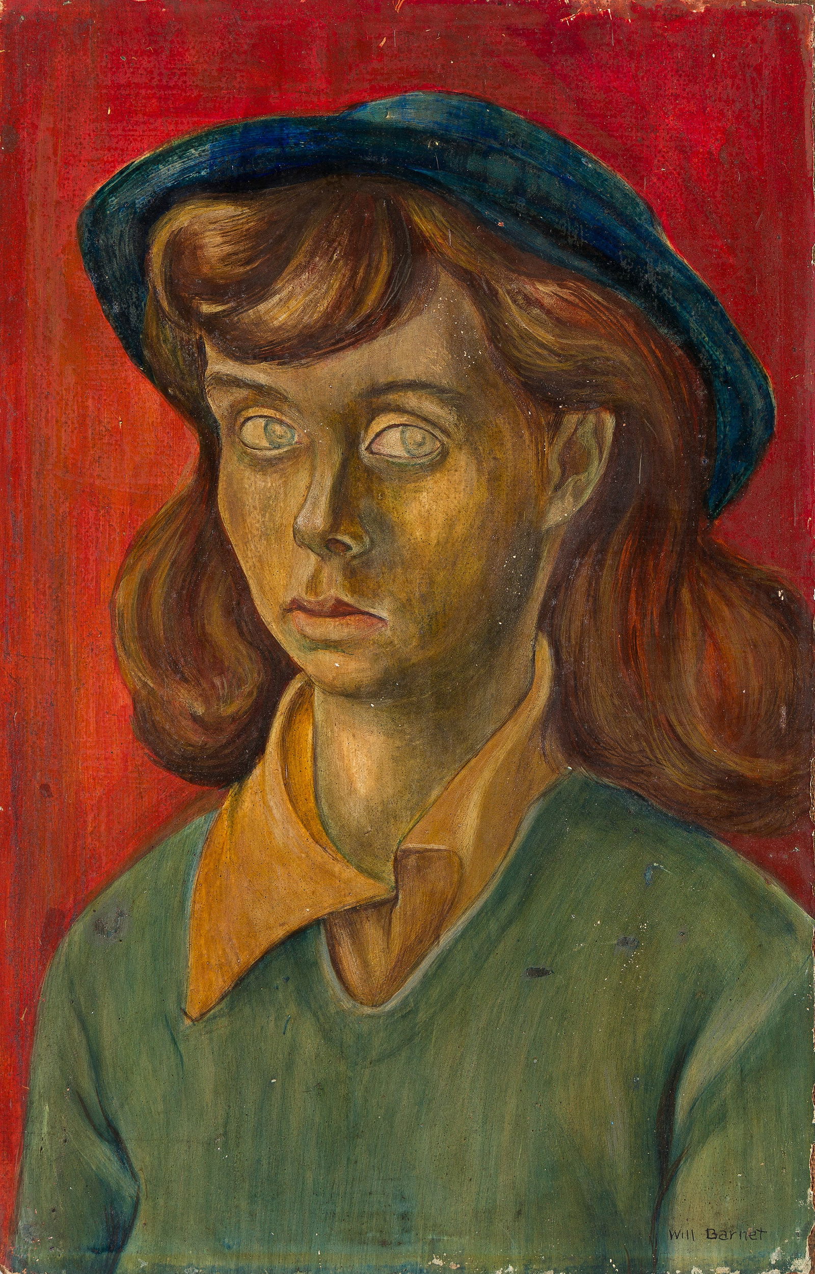 Will Barnet, Mary, (Portrait of the Artist's First Wife), 1935.: Will Barnet(1911-2012)Mary, (Portrait of the Artist's First Wife).Tempera on masonite, 1935.Signed in tempera at lower right, recto. Signed and dated in pencil, verso.18 x 11 3/4 in. (45.7 x 29.8 cm.)