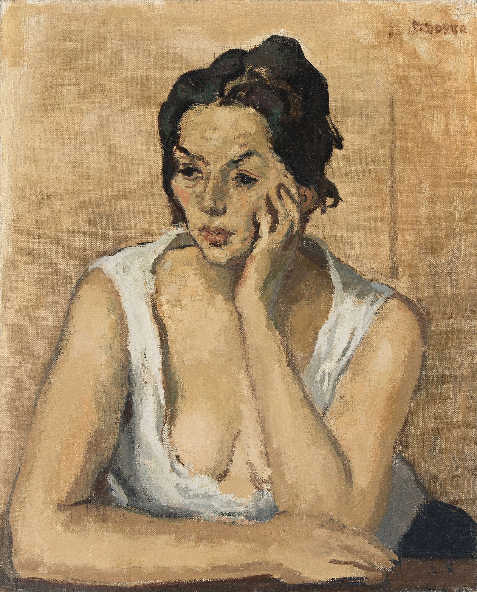 Moses Soyer, Woman in a White Blouse.: Moses Soyer(1899-1974)Woman in a White Blouse.Oil on canvas.Signed in oil at upper right.20 x 16 in. (50.8 x 40.6 cm.), Frame: 27 x 23 in. (68.6 x 58.4 cm.) Provenance:Nathan Altman, NY.