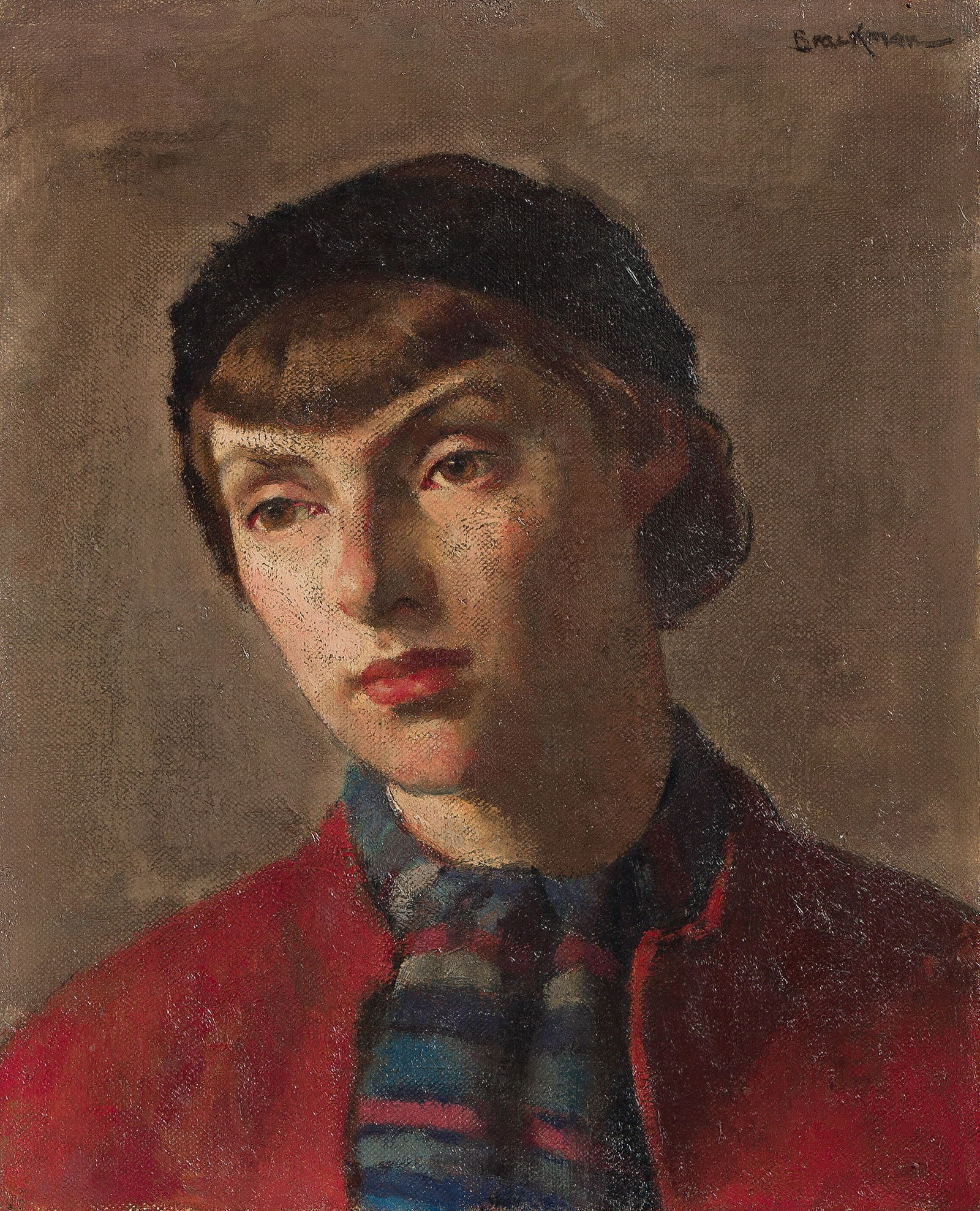 Robert Brackman, Girl in Red Jacket.: Robert Brackman(1898-1980)Girl in Red Jacket.Oil on canvas.Signed in oil at upper right, recto. Inscribed as titled in oil, verso.12 x 10 in. (30.5 x 25.4 cm.), Frame: 18 x 16 in. (45.7 x 40.6 cm.)