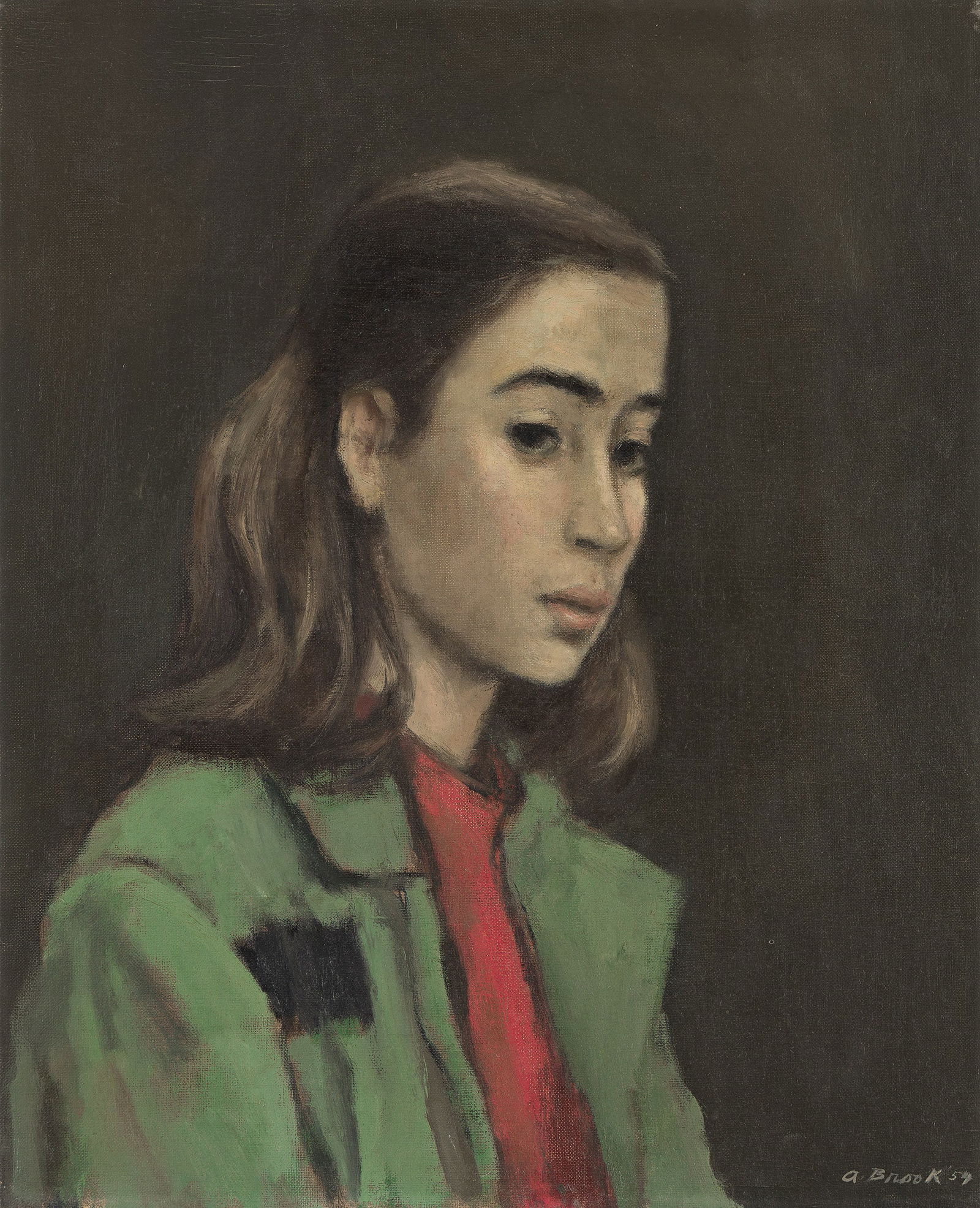 Alexander Brook, Madelina, 1954.: Alexander Brook(1898-1980)Madelina.Oil on canvas, 1954.Signed and dated in oil, lower right.17 x 14 in. (43.2 x 35.6 cm.), Frame: 26 1/2 x 23 in. (67.3 x 58.4 cm.) Provenance:The artist, N