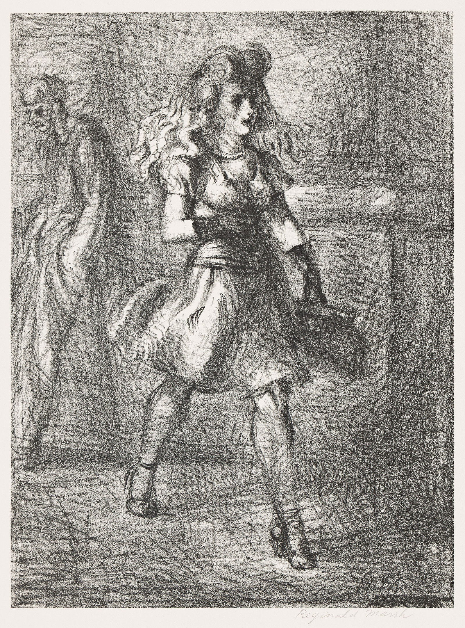 Reginald Marsh, Girl Walking (Elevated), 1945.: Reginald Marsh(1898-1954)Girl Walking (Elevated).Lithograph, 1945.Edition of 250. Signed in pencil, lower right. Published by Associated American Artists, New York. Sasowsky 28.Image: 10 5/8 x 7 7/8 i