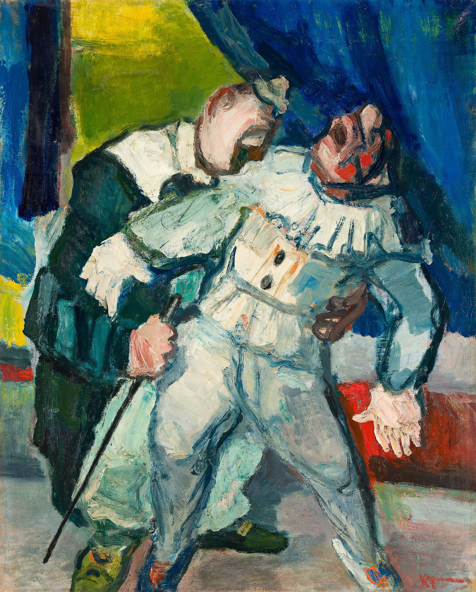 Benjamin Kopman, Wounded Clown, 1945.: Benjamin Kopman(1887-1965)The Wounded Clown.Oil on canvas, 1945.Signed in oil at lower right, recto. Signed, dated, and titled in oil, verso.33 1/2 x 26 3/4 in. (85.1 x 67.9 cm.)Frame: 43 x 36 in. (10