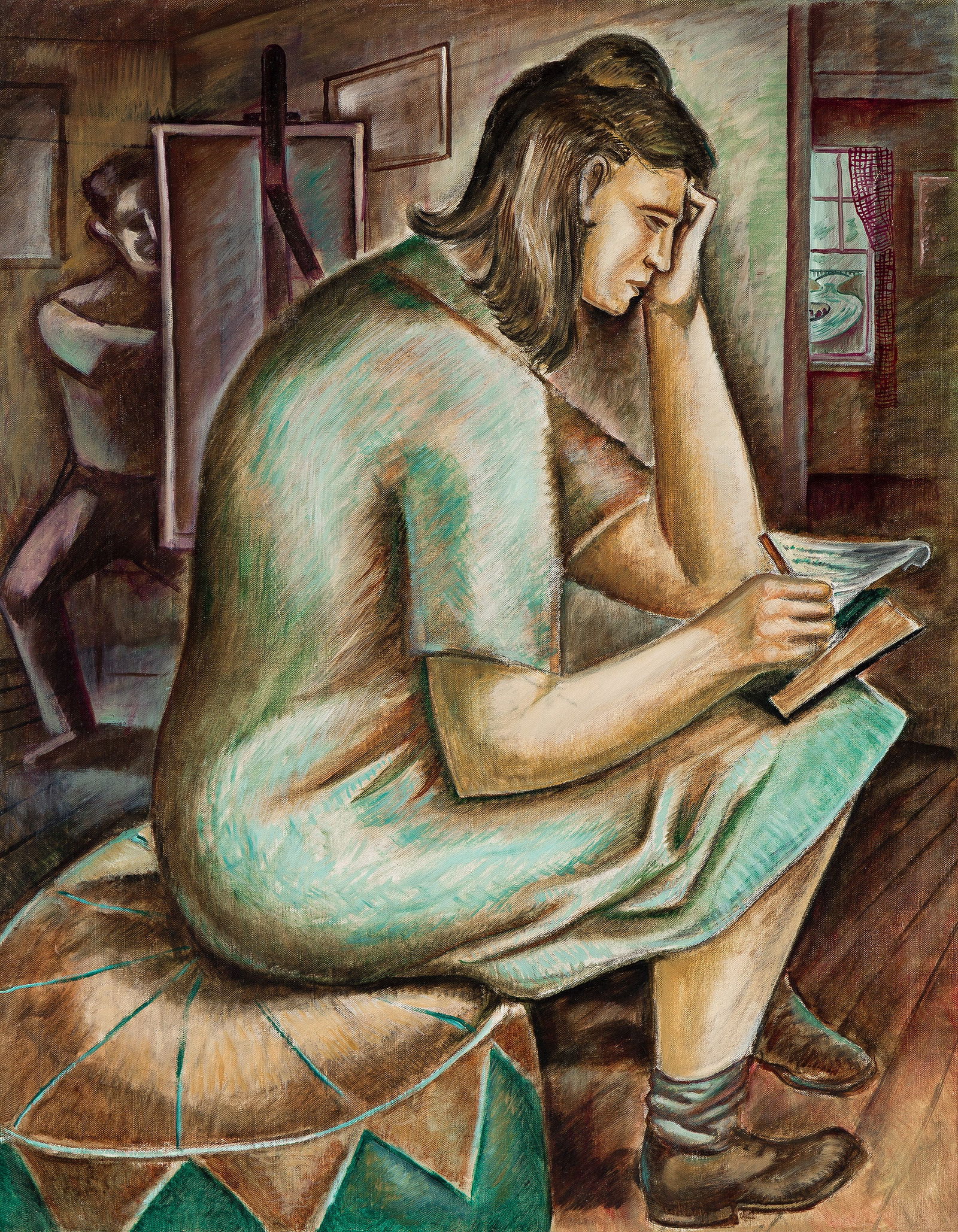 Leon Bibel, Woman Writing, Artist Painting.: Leon Bibel(1912-1995)Woman Writing, Artist Painting.Oil on canvas.Bears the artist's estate stamp on the stretcher, verso.30 x 24 in. (76.2 x 61 cm.)Frame: 33 x 27 in. (83.8 x 68.6 cm.) Pr
