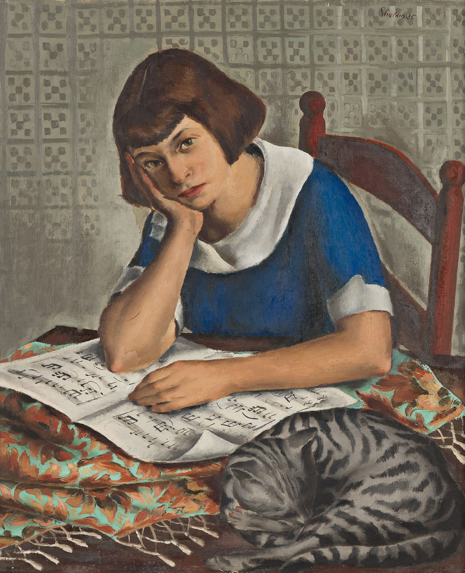 Anatol Shulkin, Girl Reading Music with Cat, 1935.: Anatol Shulkin(1899-1961)Girl Reading Music with Cat.Oil on canvas, 1935.Signed and dated in oil at upper right.30 x 25 in. (76.2 x 63.5 cm.)Frame: 35 1/2 x 30 1/2 in. (90.2 x 77.5 cm.) Pr