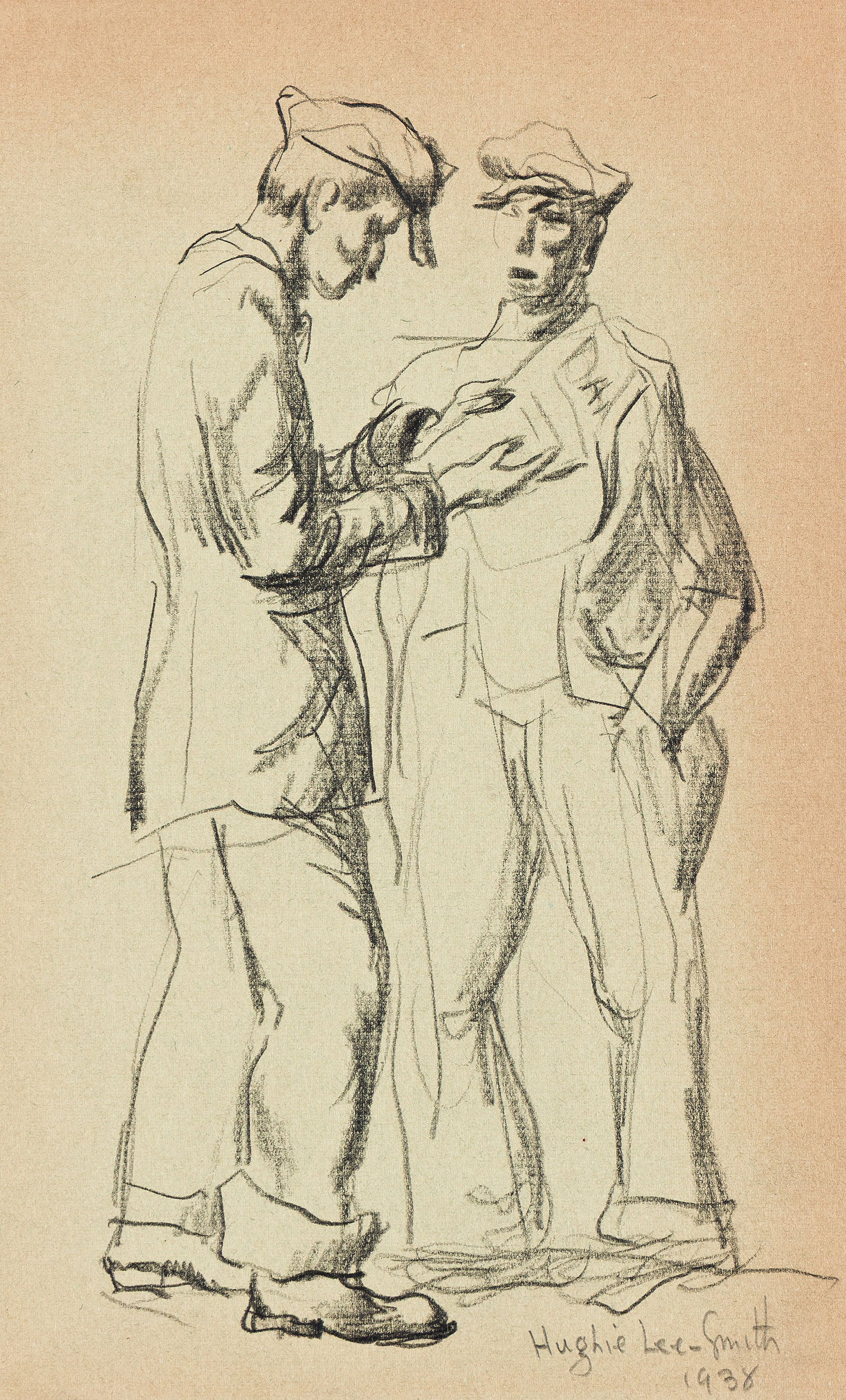 Hughie Lee-Smith, Untitled (Two Men Talking, With Caps), 1938.: Hughie Lee-Smith(1915-1999)Untitled (Two Men Talking, With Caps).Graphite on buff wove paper, 1938.Signed and dated in pencil, lower right.8 x 5 1/2 in. (20.3 x 14 cm.) Provenance:The esta