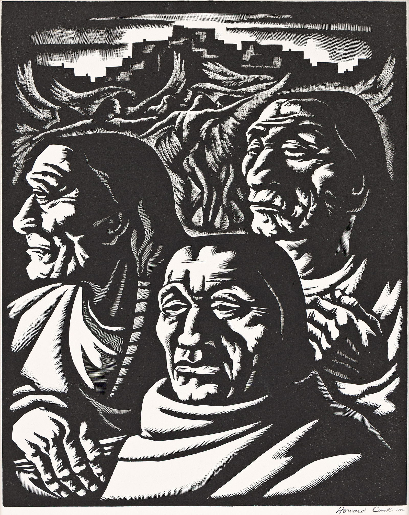 Howard Cook, Eagle Dance, 1942.: Howard Cook(1901-1980)Eagle Dance.Wood engraving, 1942.Edition of 200. Signed and dated in pencil, lower right. Printed by Torch Press, Iowa. Published by The Woodcut Society, Kansas City. Duffy 201.I