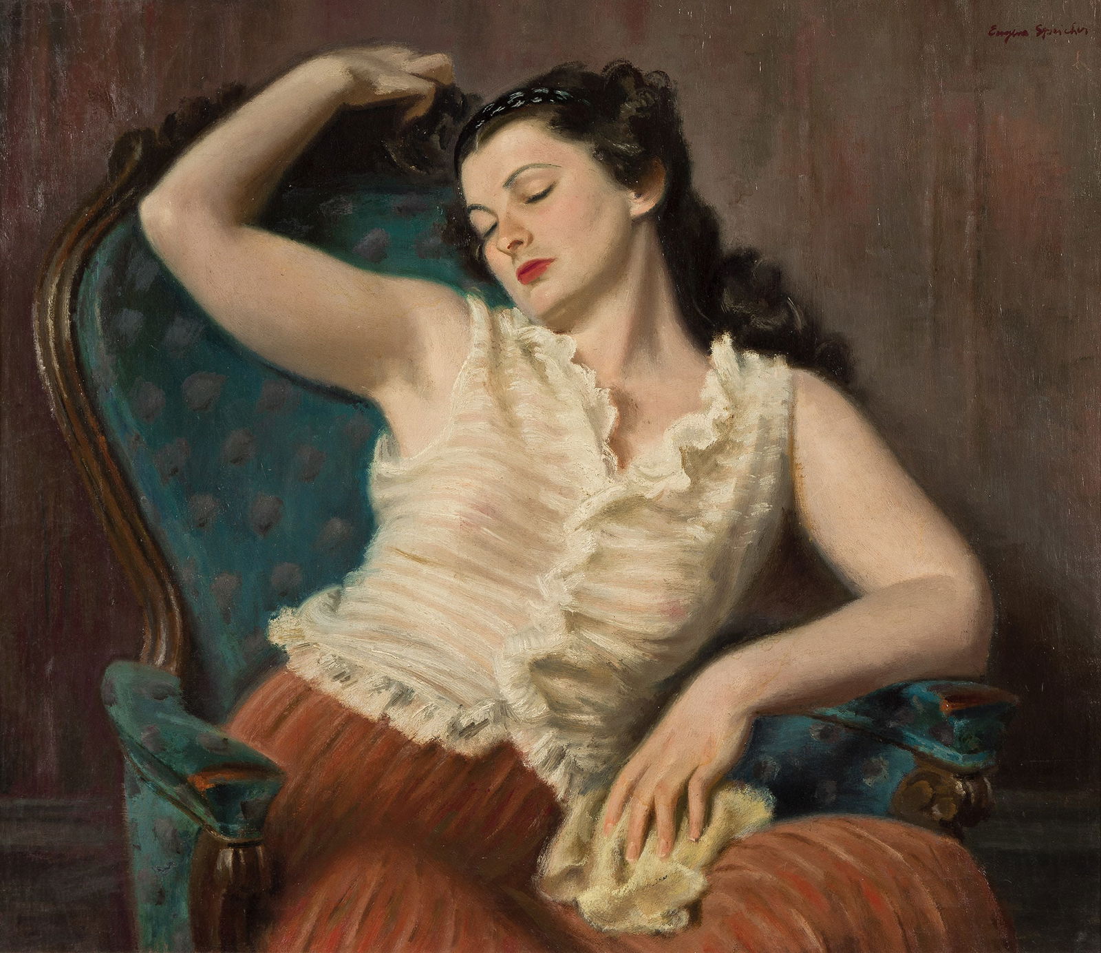 Eugene Speicher, Repose.: Eugene Speicher(1883-1962)Repose.Oil on canvas.Signed in oil at upper right.31 x 36 in. (78.7 x 91.4 cm.)Frame: 40 3/4 x 45 3/4 in. (103.5 x 116.2 cm.) Provenance:ACA, American Herit