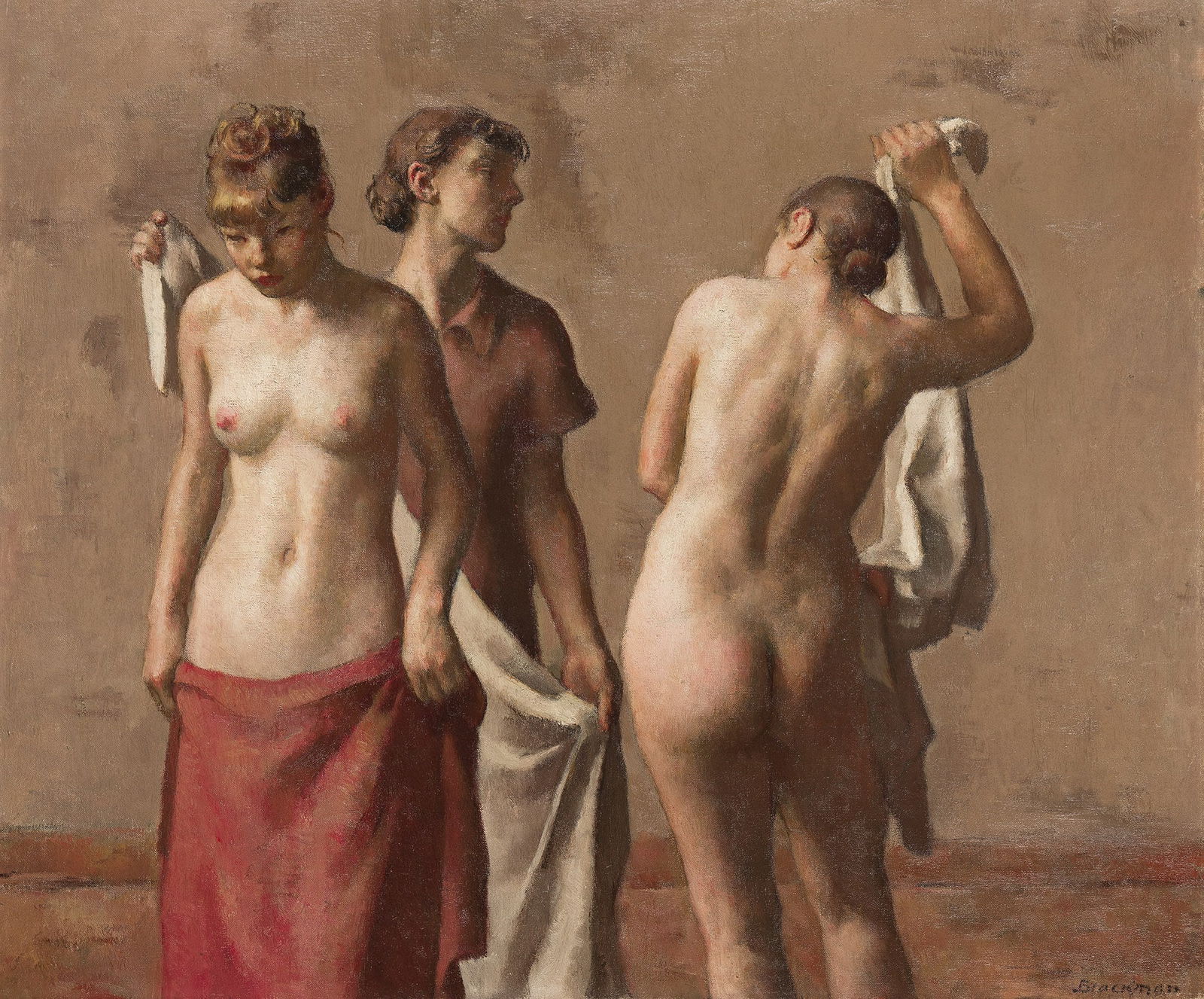 Robert Brackman, Bathers, 1936.: Robert Brackman(1898-1980)Bathers.Oil on canvas, 1936.Signed in oil at lower right. Inscribed and dated in oil, verso.30 x 36 in. (76.2 x 91.4 cm.)Frame: 36 x 42 1/2 in. (91.4 x 108 cm.) P