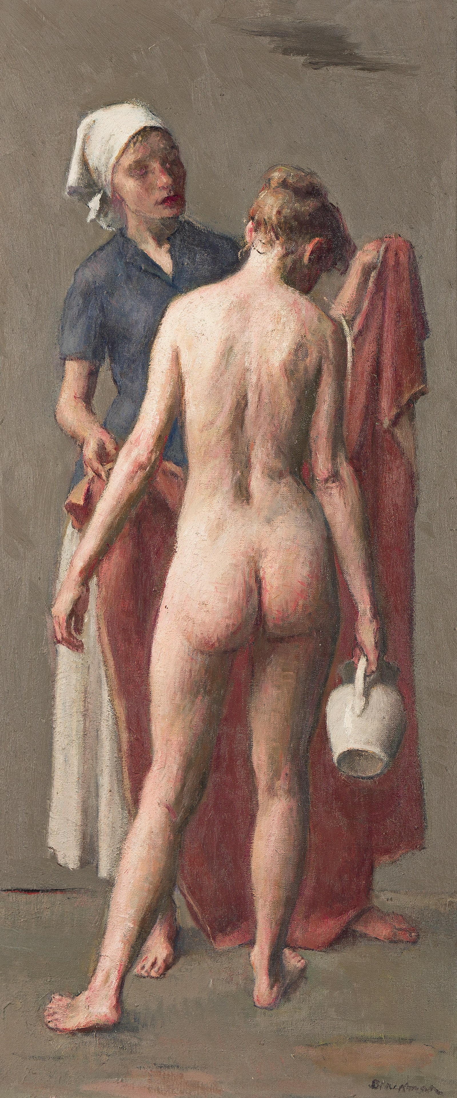 Robert Brackman, Composition #11 (Two Figures), circa 1940.: Robert Brackman(1898-1980)Composition #11 (Two Figures).Oil on canvas, circa 1940.Signed in oil, lower right. Signed, titled and inscribed "Noank, Conn." in oil, upper left verso.34 x 15 1/2 in. (86.4